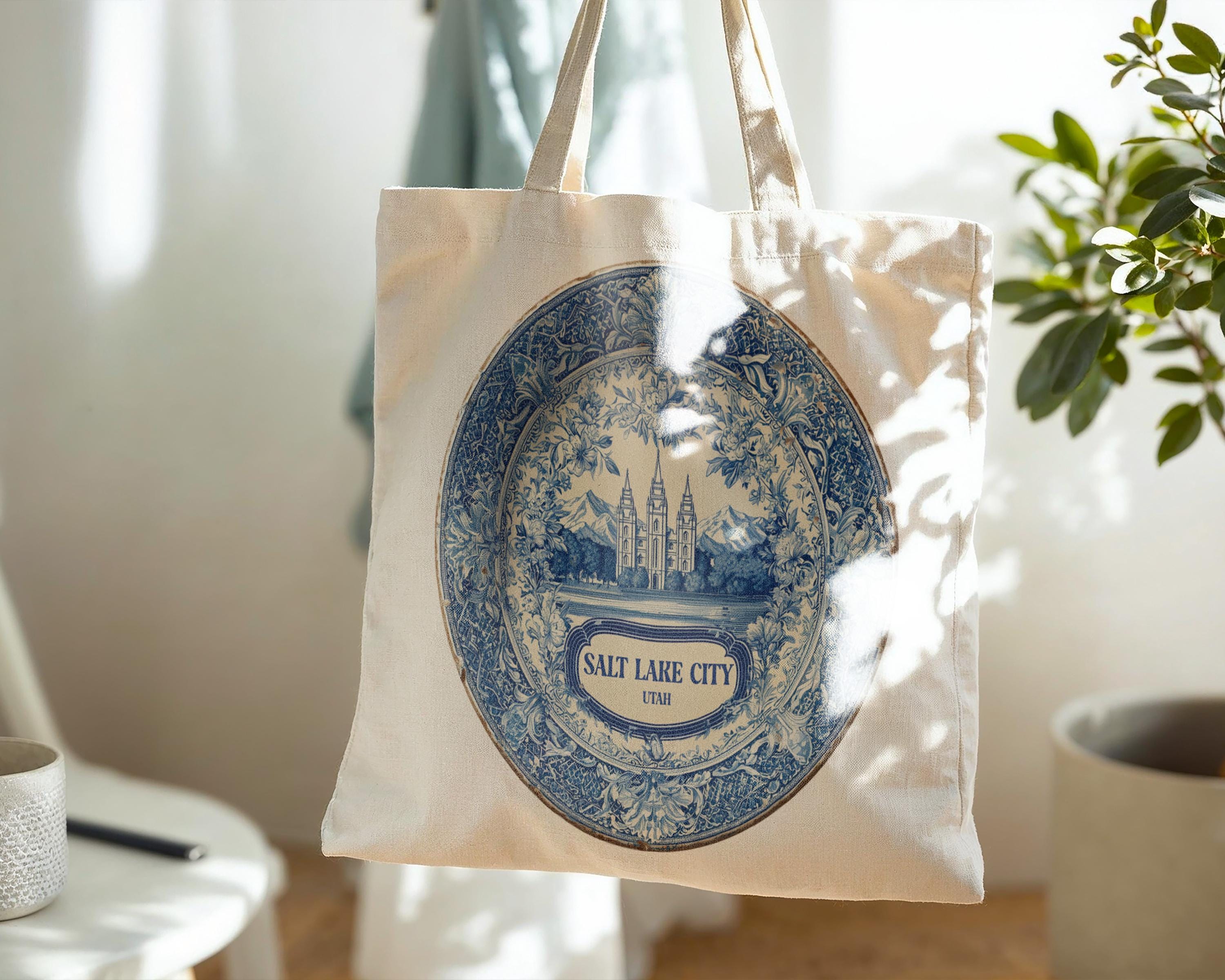 Salt Lake City Utah Tote Bag, Delft Style Personalized Destination, City Wedding Gift Souvenir Cotton