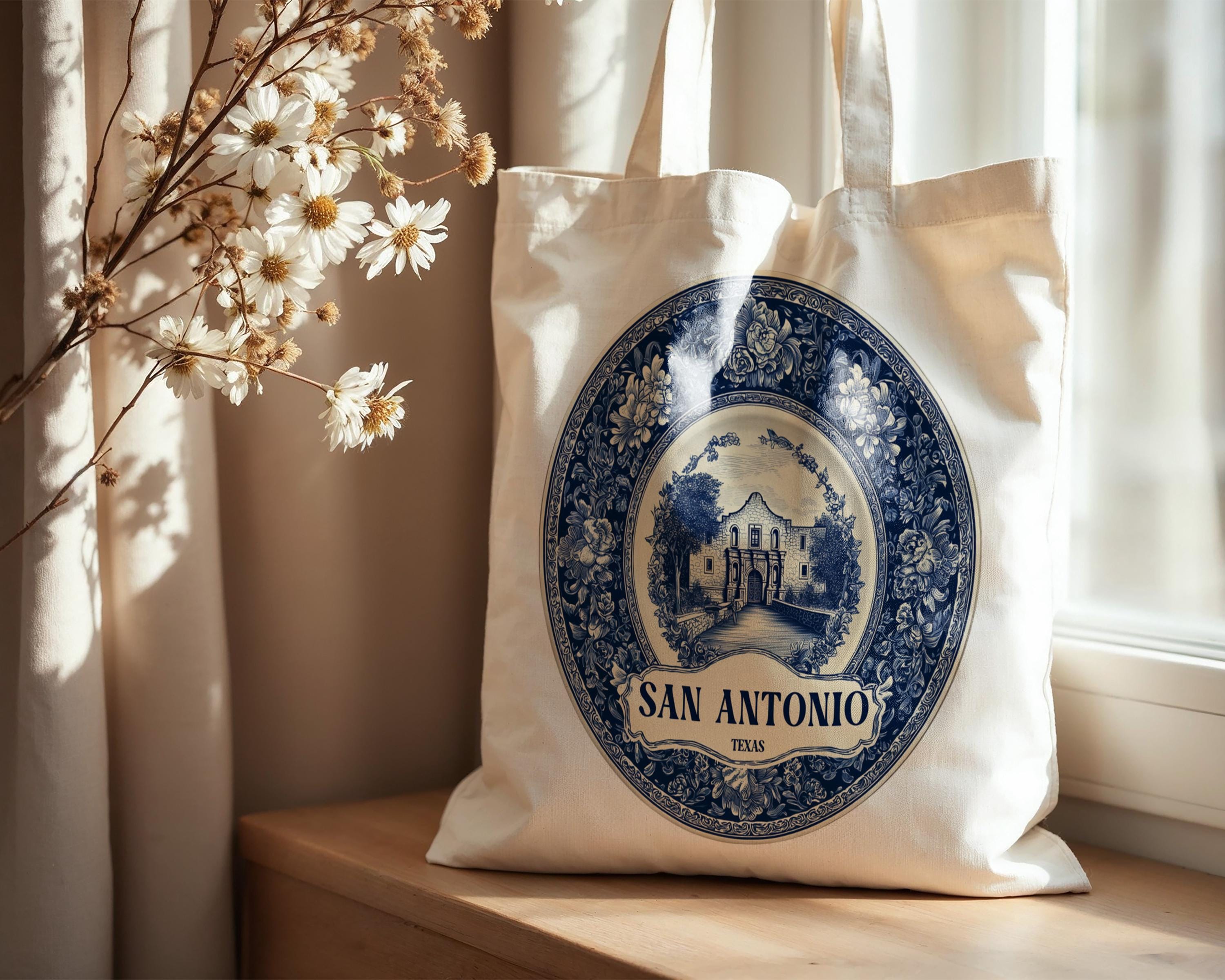 San Antonio Texas Tote Bag, Delft Style Personalized Destination, City Wedding Gift Souvenir Cotton