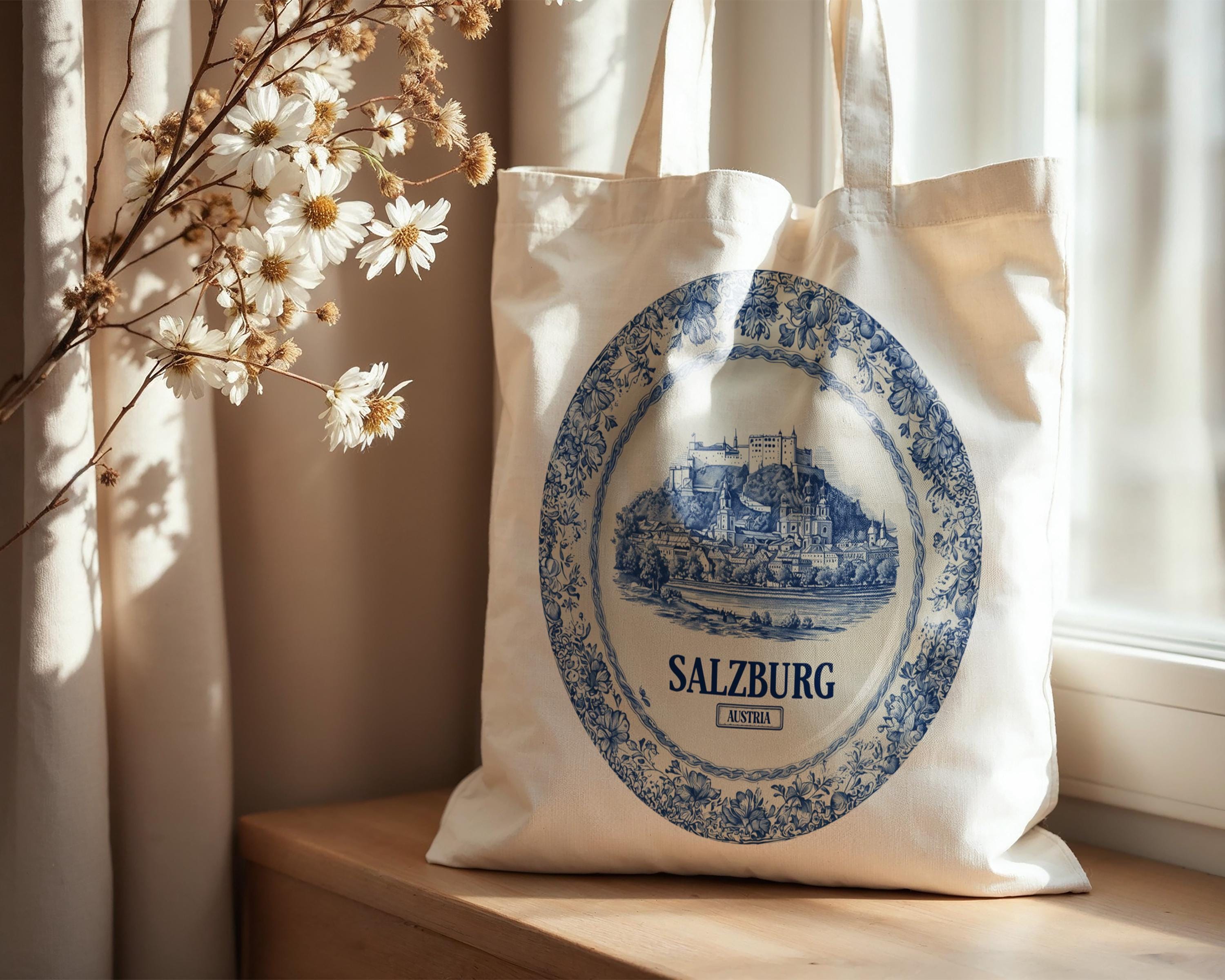 Salzburg Austria Tote Bag, Delft Style Personalized Destination, City Wedding Gift Souvenir Cotton
