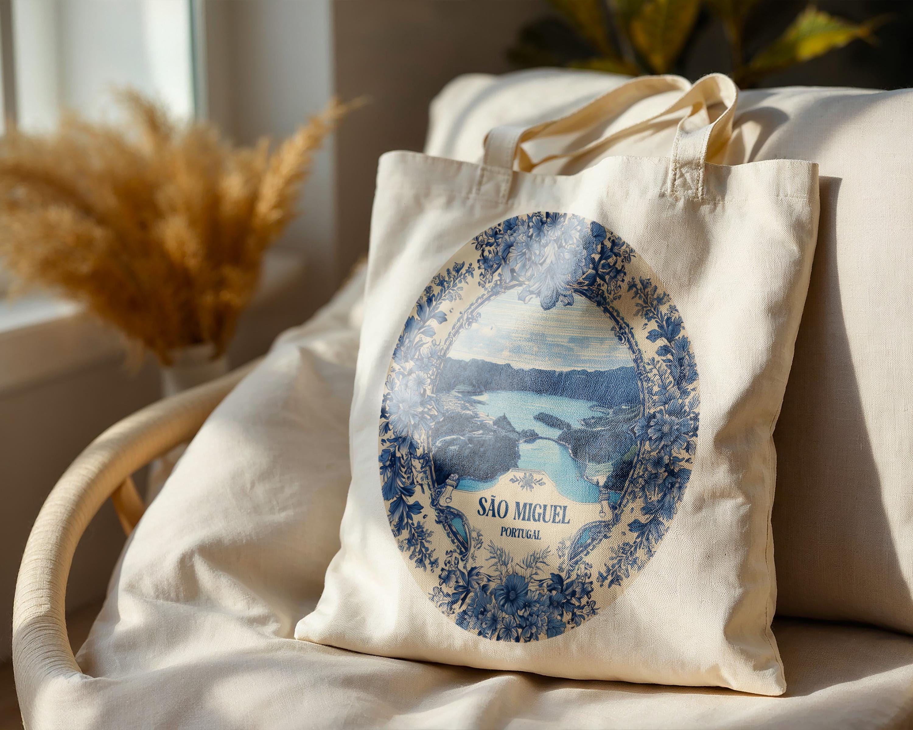 Sao Miguel Island Portugal Tote Bag, Delft Style Personalized Destination, City Wedding Gift Souvenir Cotton