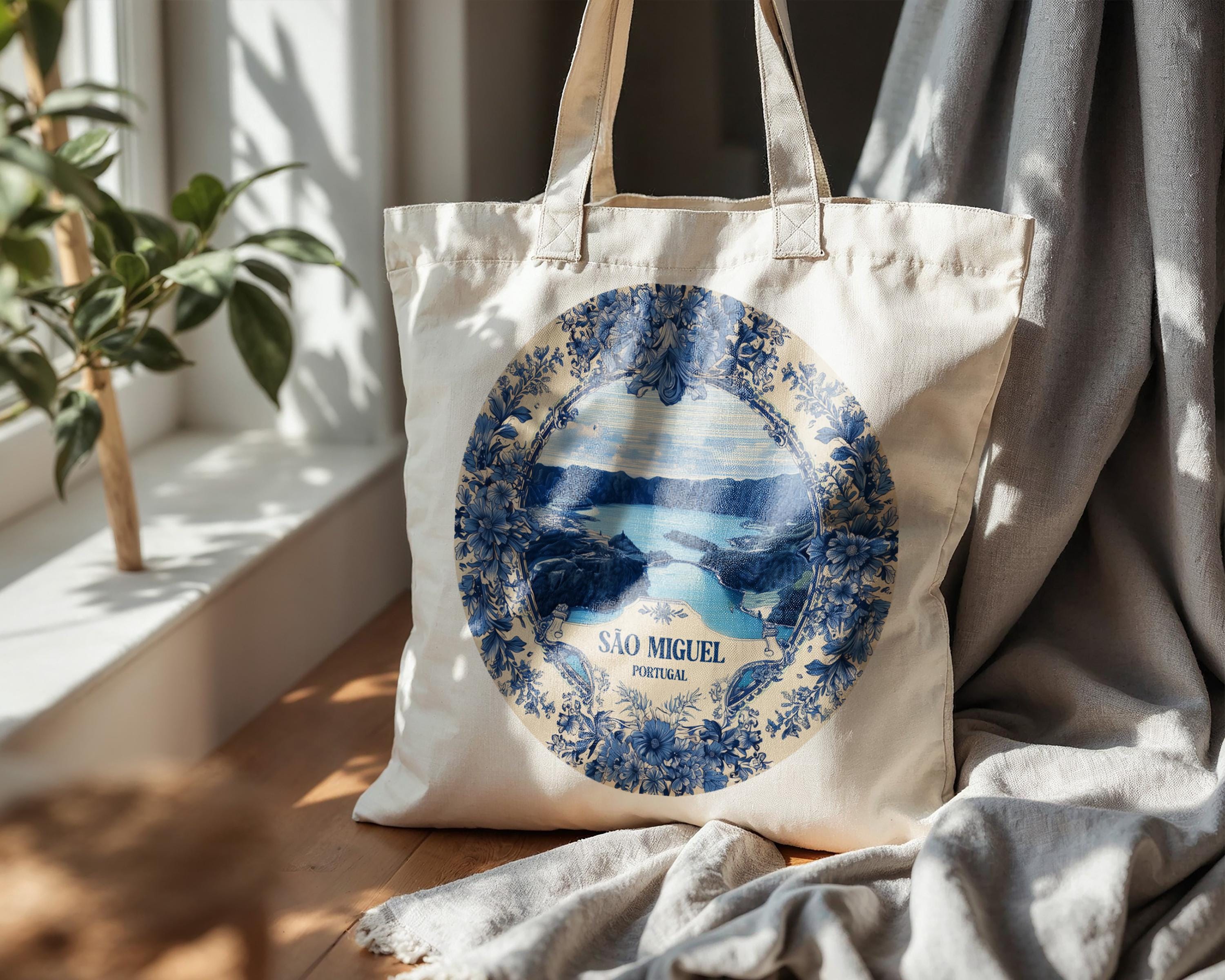 Sao Miguel Island Portugal Tote Bag, Delft Style Personalized Destination, City Wedding Gift Souvenir Cotton