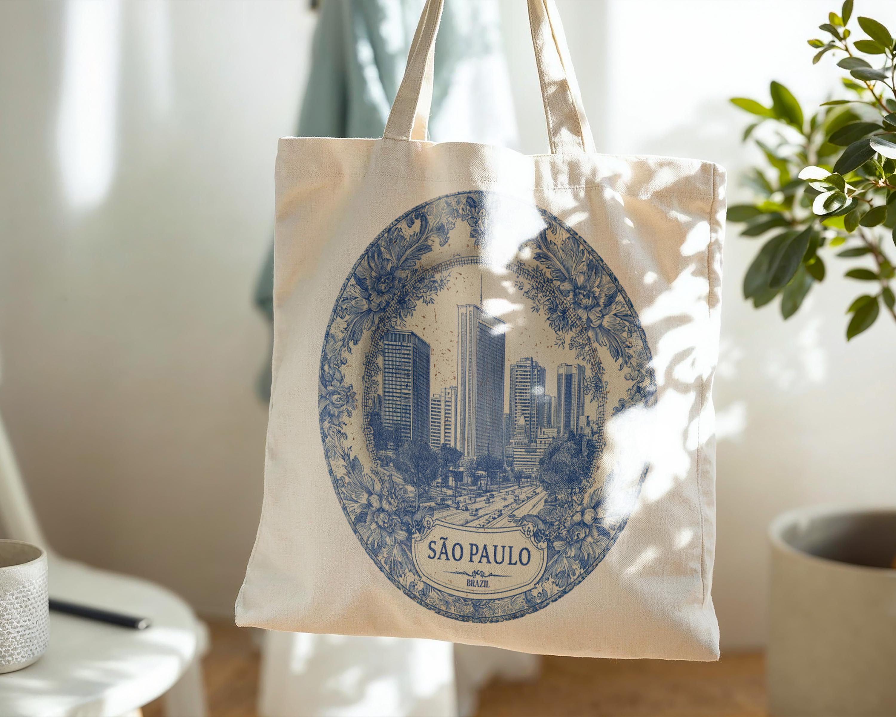 Sao Paulo Brazil Tote Bag, Delft Style Personalized Destination, City Wedding Gift Souvenir Cotton