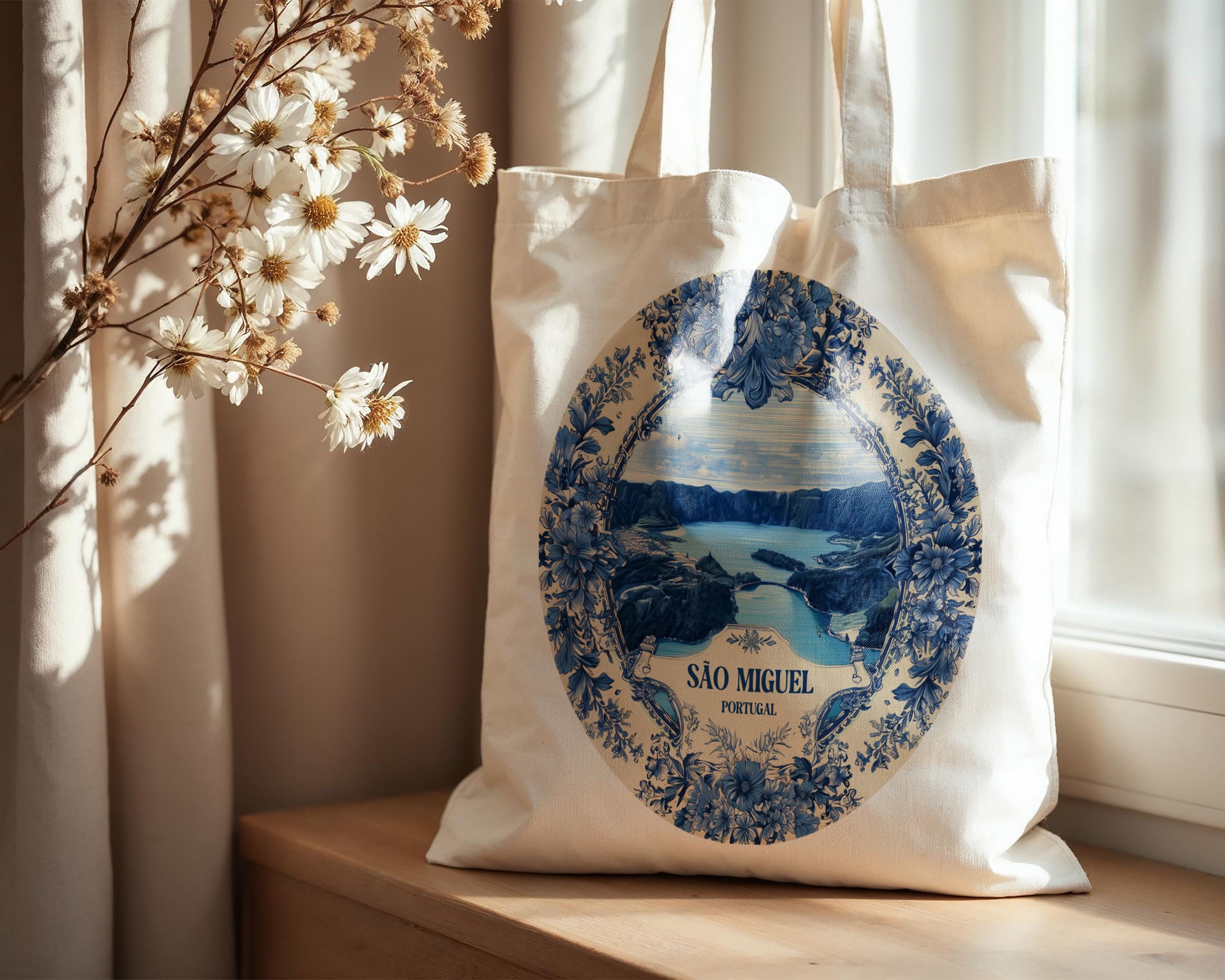 Sao Miguel Island Portugal Tote Bag, Delft Style Personalized Destination, City Wedding Gift Souvenir Cotton