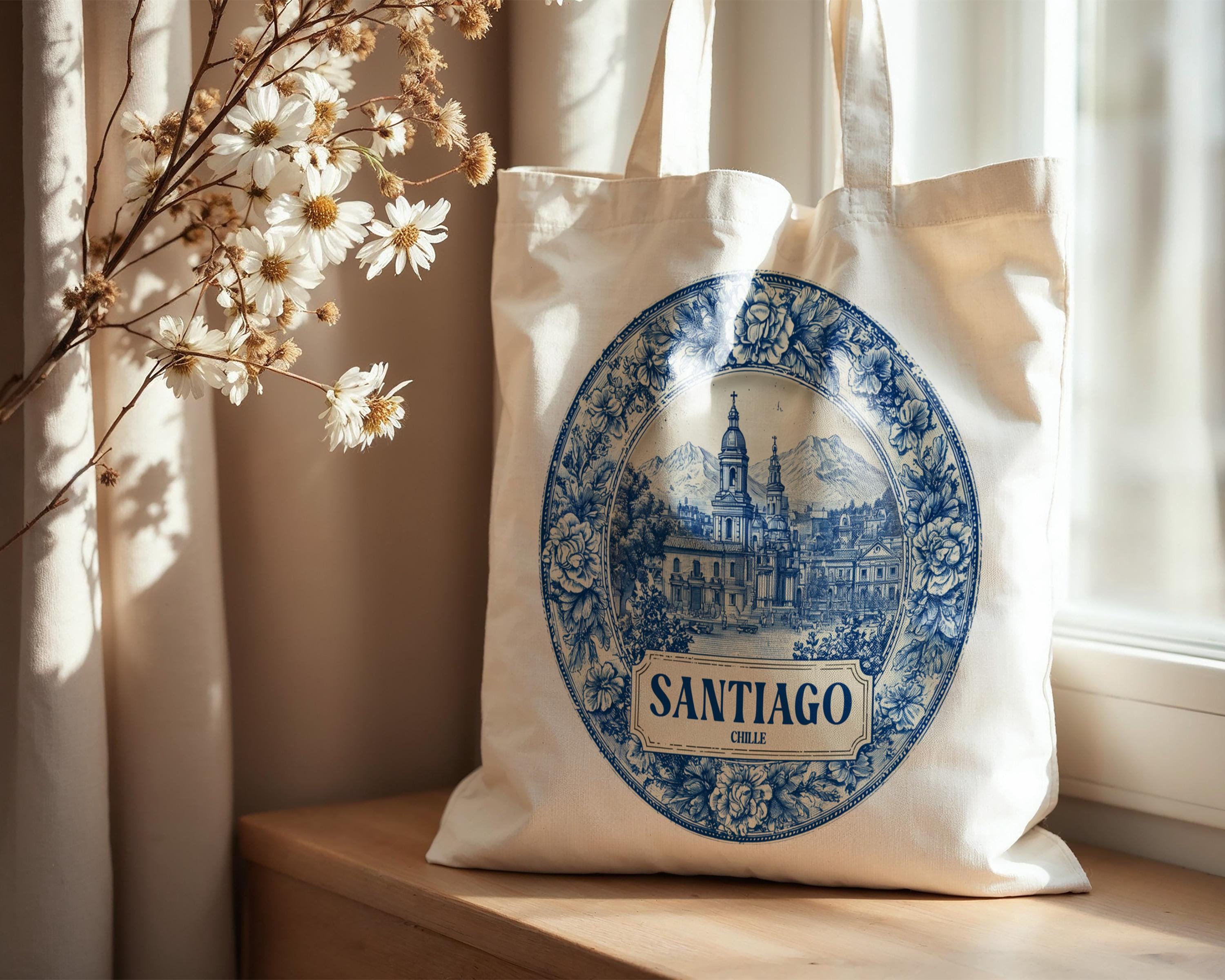 Santiago Chile Tote Bag, Delft Style Personalized Destination, City Wedding Gift Souvenir Cotton