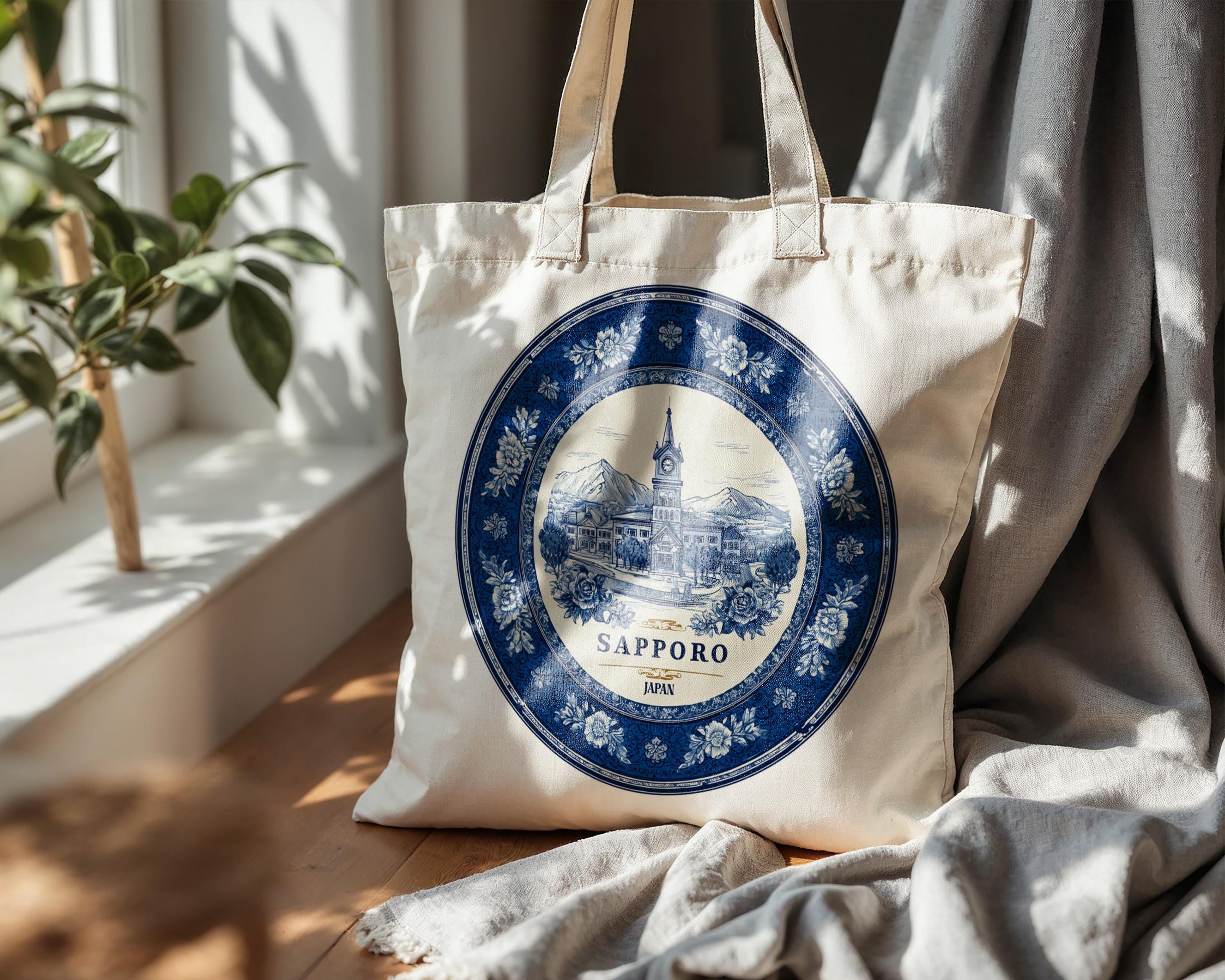Sapporo Japan Tote Bag, Delft Style Personalized Destination, City Wedding Gift Souvenir Cotton