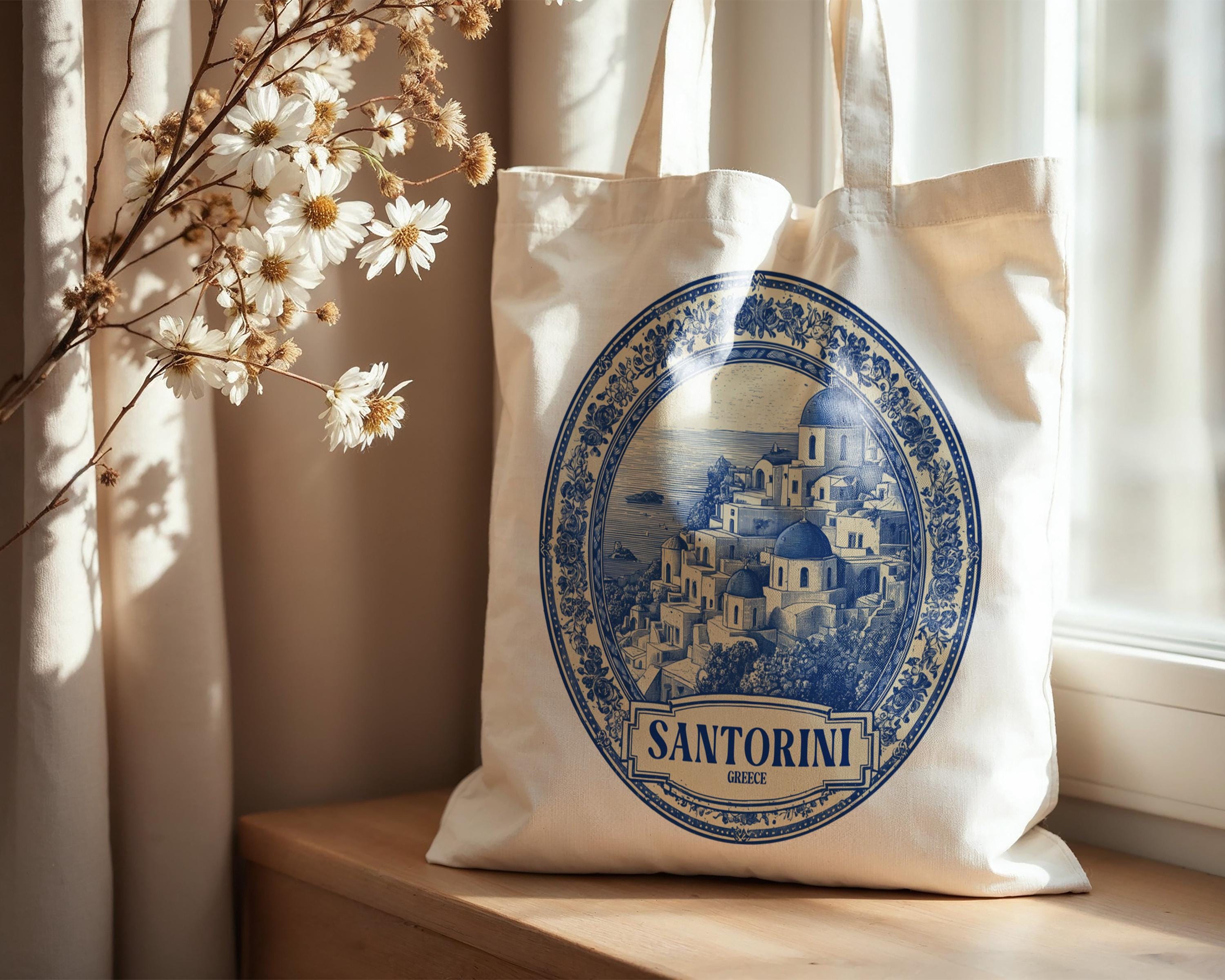 Santorini Greece Tote Bag, Delft Style Personalized Destination, City Wedding Gift Souvenir Cotton