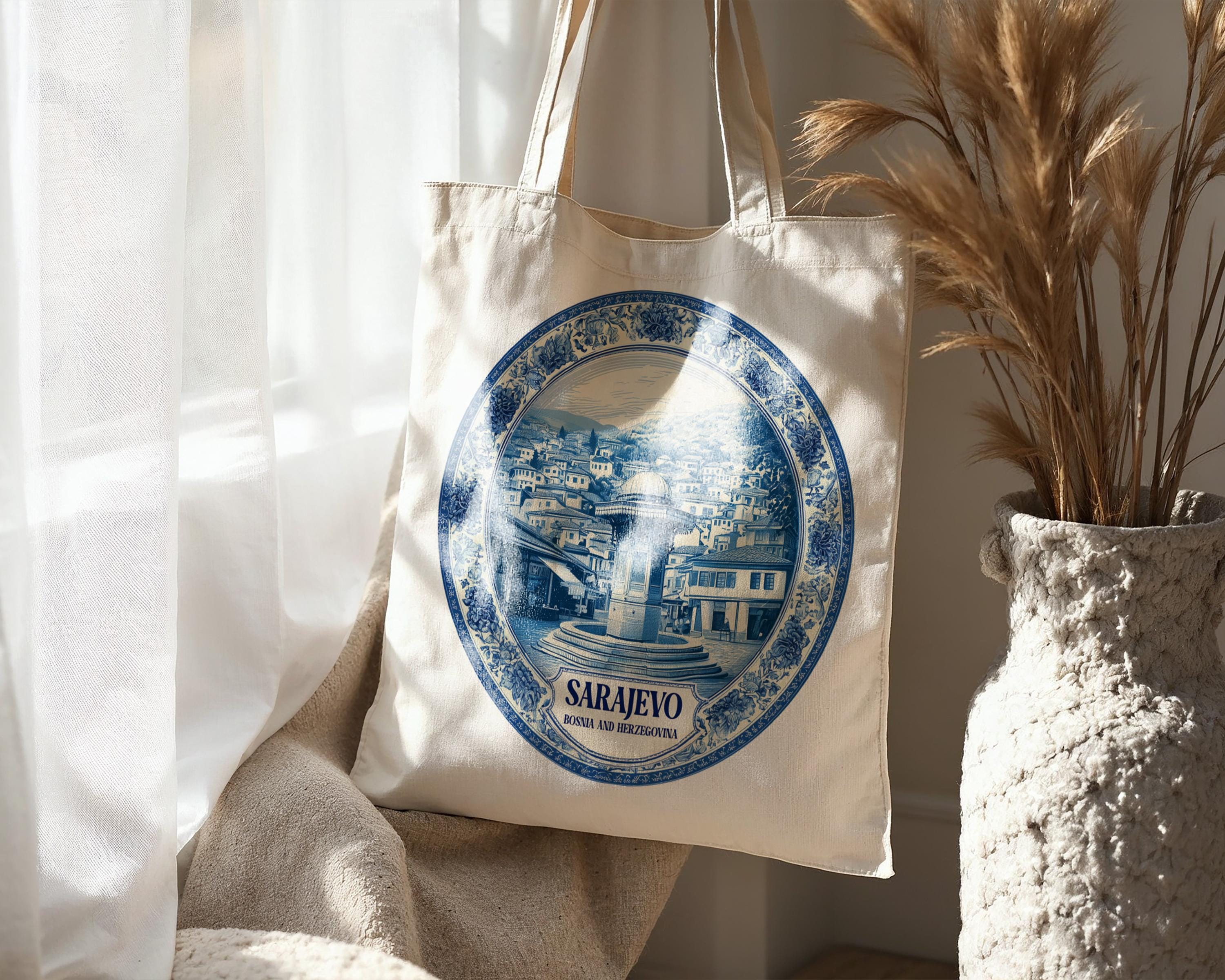 Sarajevo Bosnia and Herzegovinia Tote Bag, Delft Style Personalized Destination, City Wedding Gift Souvenir Cotton