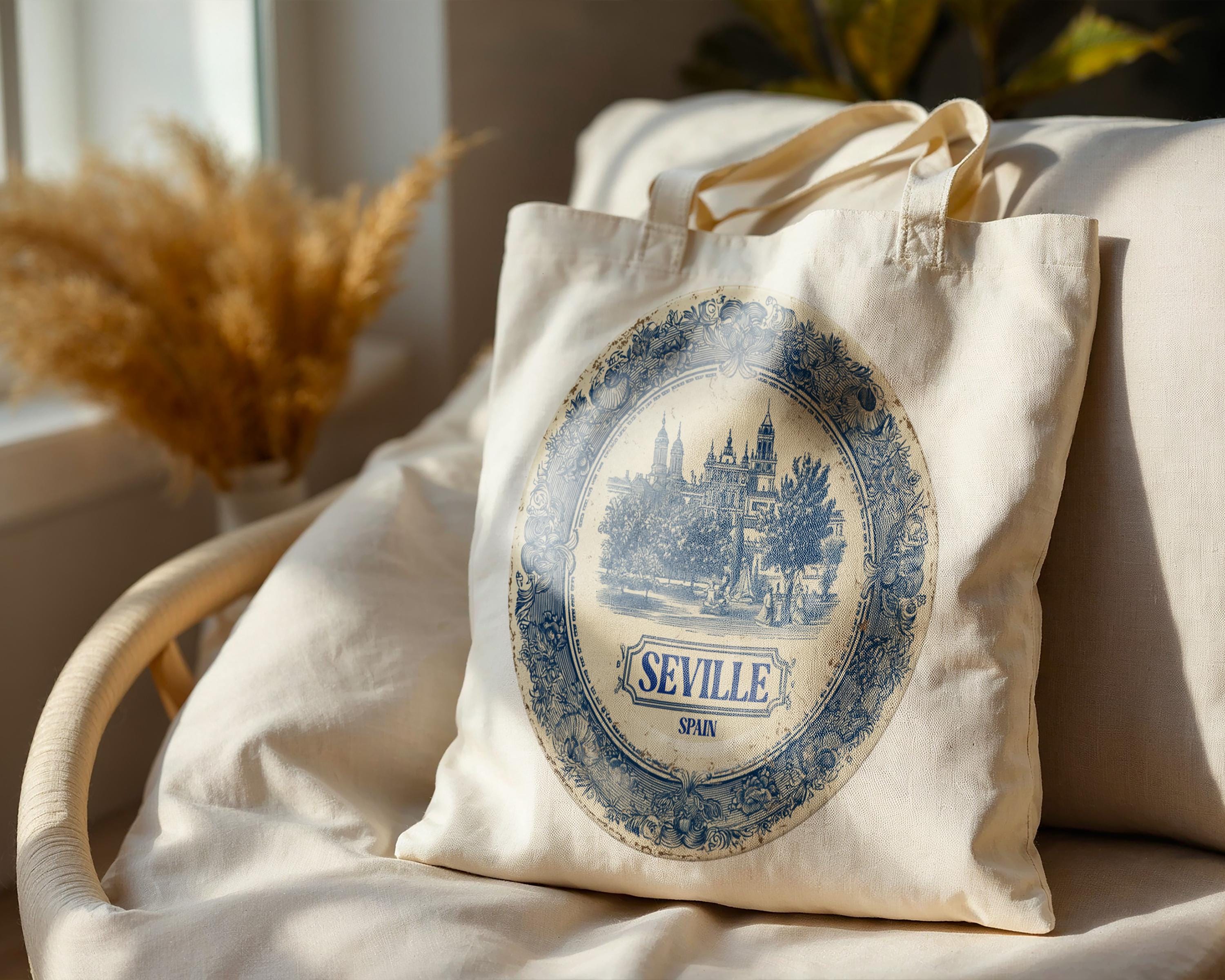 Seville Spain Tote Bag, Delft Style Personalized Destination, City Wedding Gift Souvenir Cotton