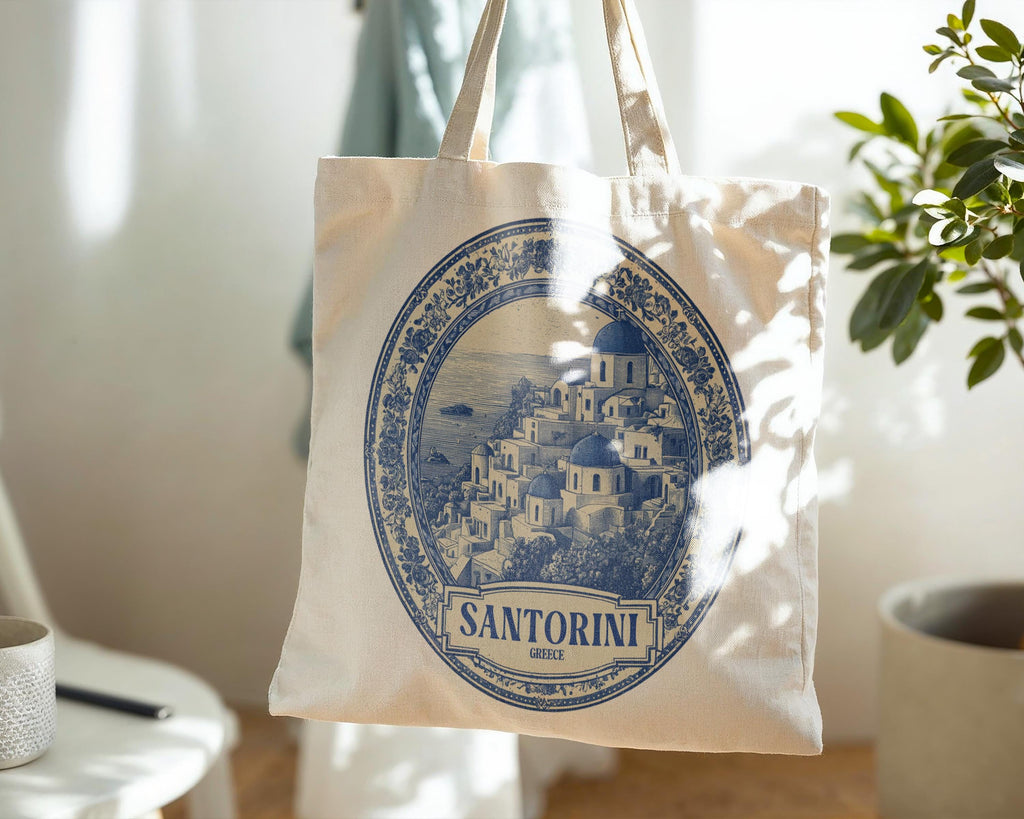 Santorini Greece Tote Bag, Delft Style Personalized Destination, City Wedding Gift Souvenir Cotton
