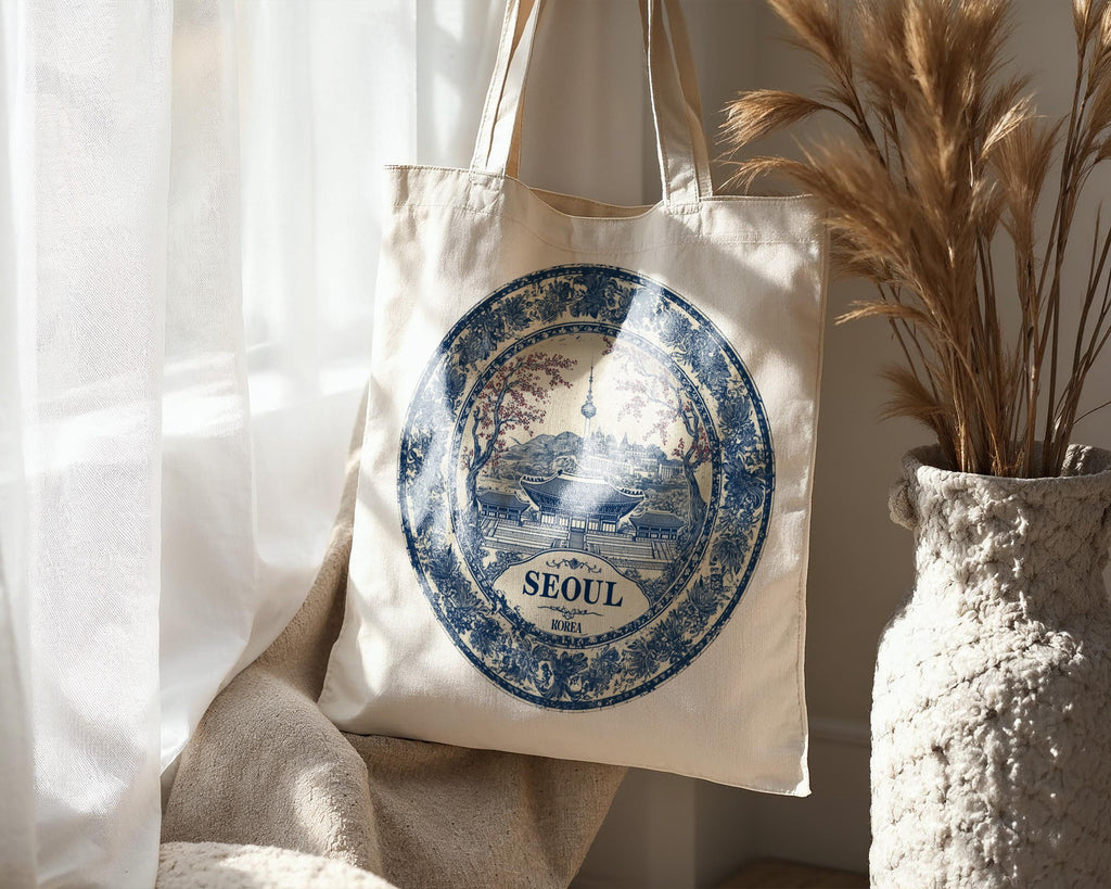 Seoul South Korea Tote Bag, Delft Style Personalized Destination, City Wedding Gift Souvenir Cotton