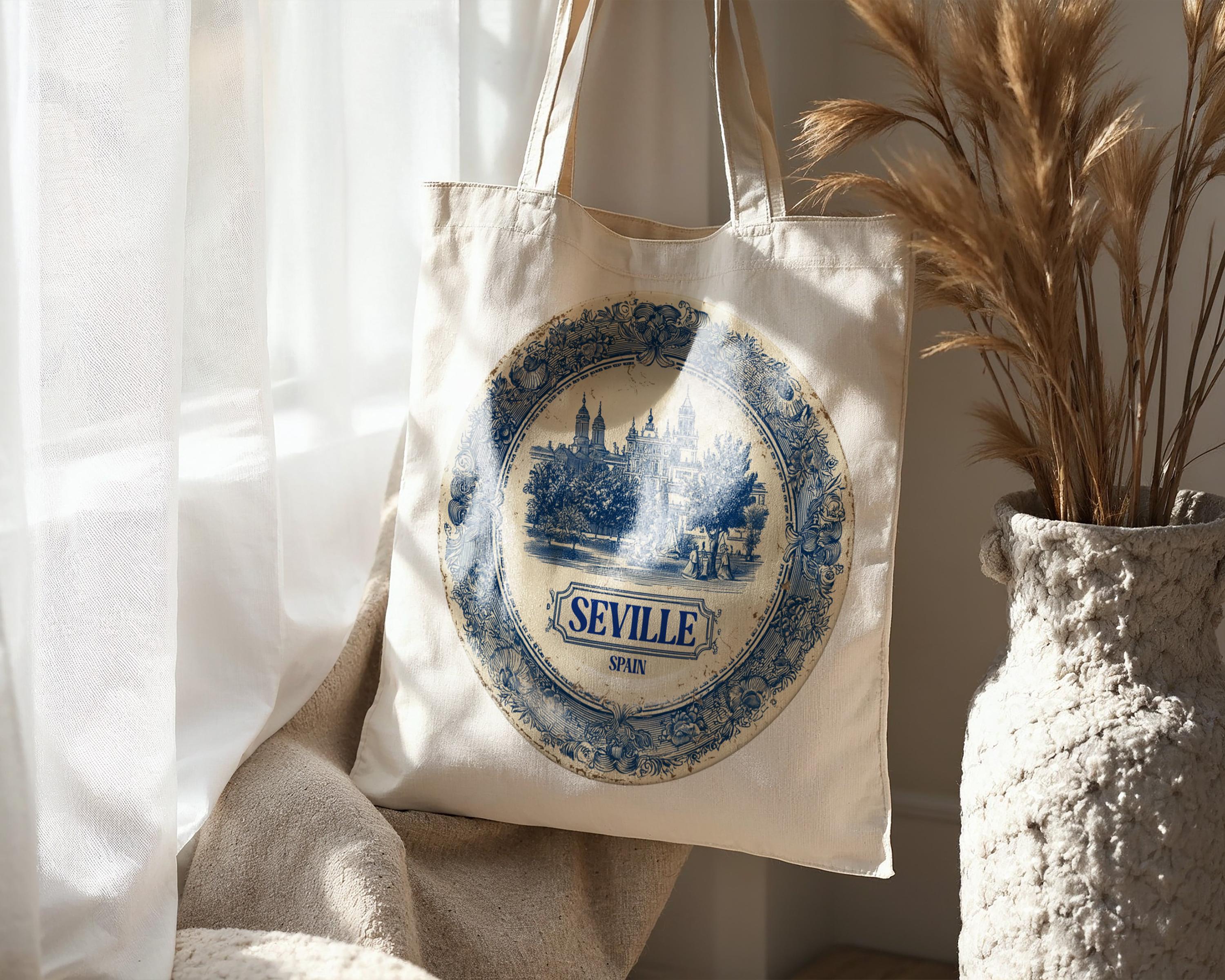 Seville Spain Tote Bag, Delft Style Personalized Destination, City Wedding Gift Souvenir Cotton