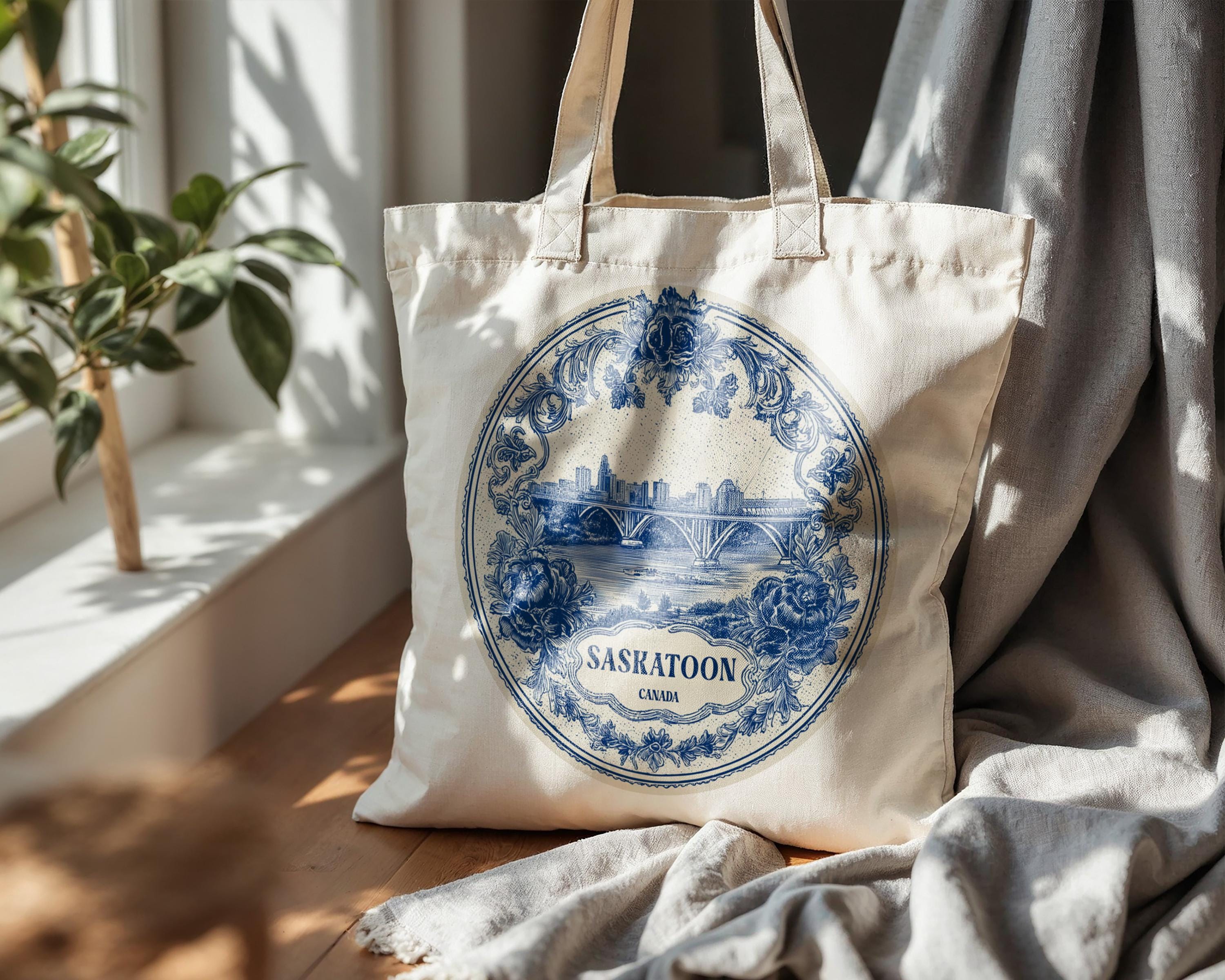 Saskatoon Canada Tote Bag, Delft Style Personalized Destination, City Wedding Gift Souvenir Cotton