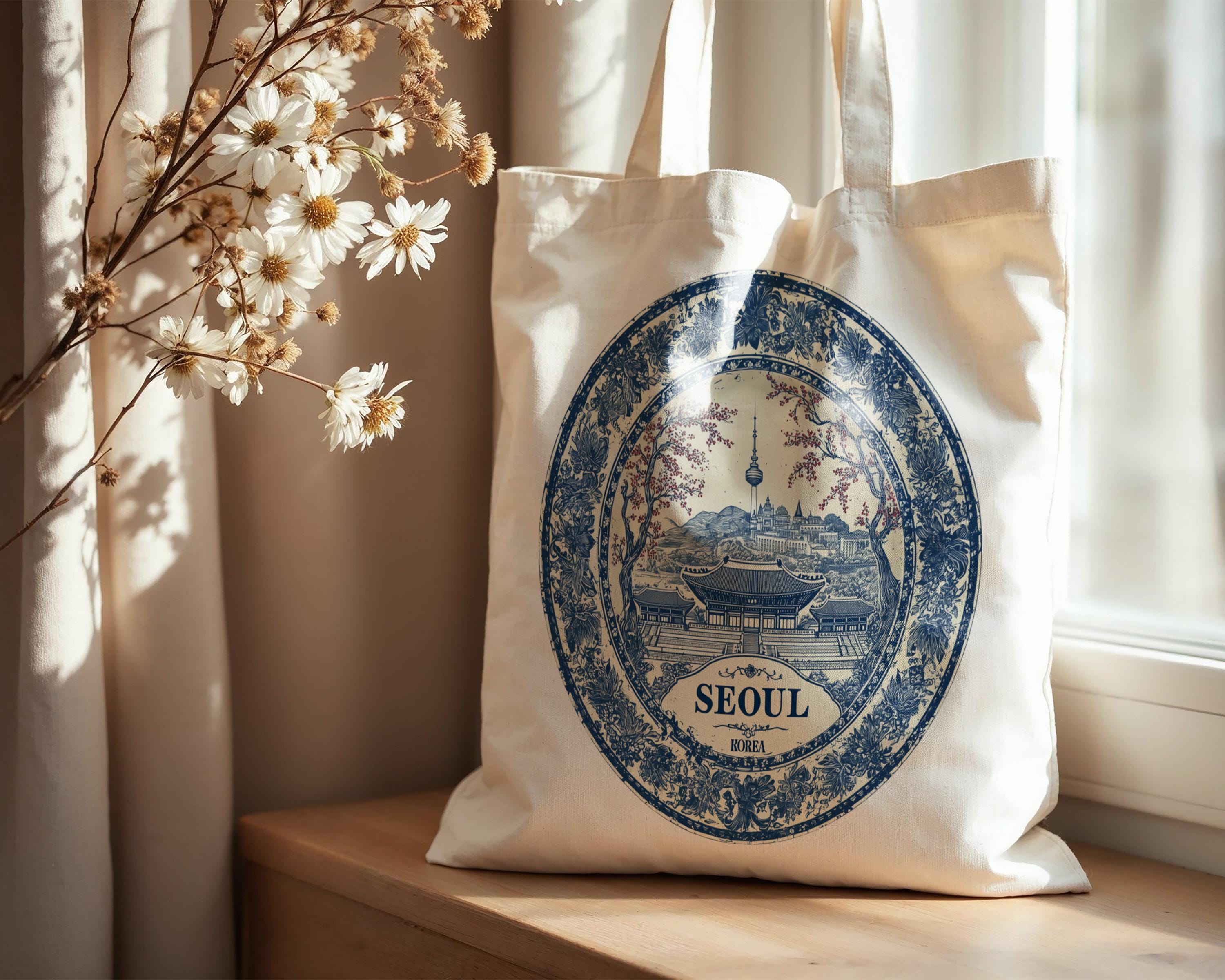 Seoul South Korea Tote Bag, Delft Style Personalized Destination, City Wedding Gift Souvenir Cotton