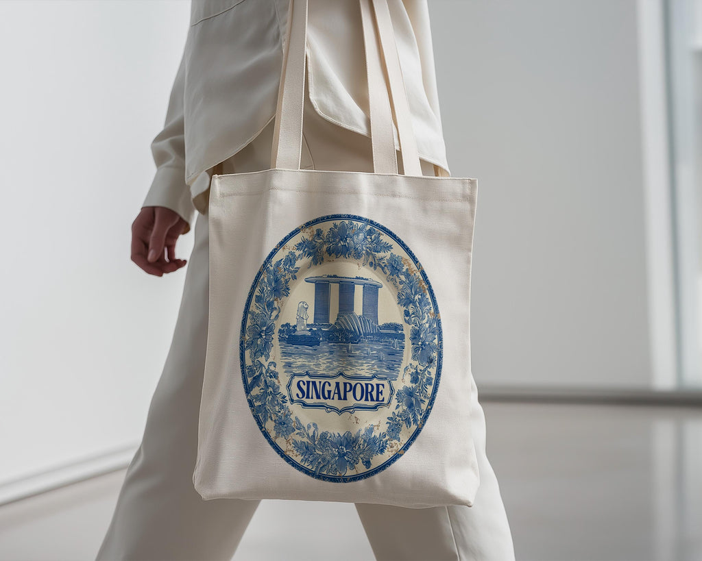 Singapore Tote Bag, Delft Style Personalized Destination, City Wedding Gift Souvenir Cotton