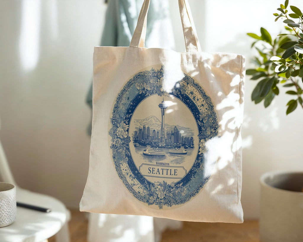Seattle Washington Tote Bag, Delft Style Personalized Destination, City Wedding Gift Souvenir Cotton
