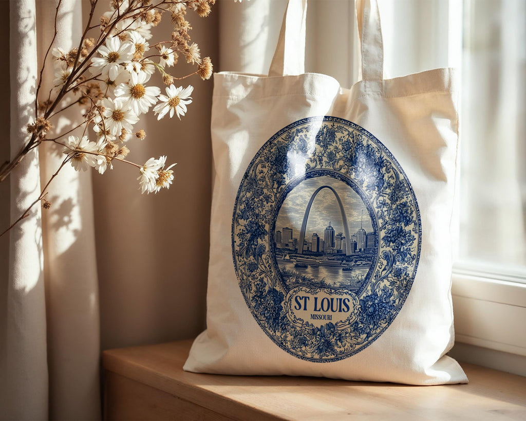 St Louis Missouri Tote Bag, Delft Style Personalized Destination, City Wedding Gift Souvenir Cotton