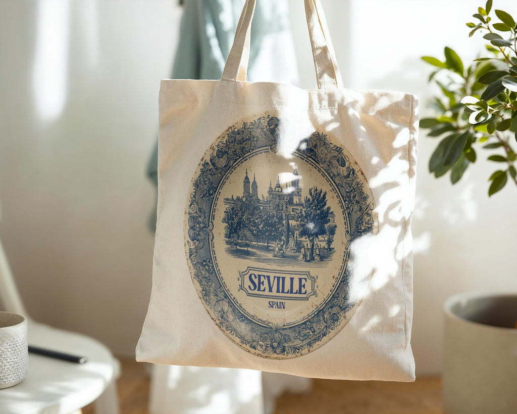 Seville Spain Tote Bag, Delft Style Personalized Destination, City Wedding Gift Souvenir Cotton