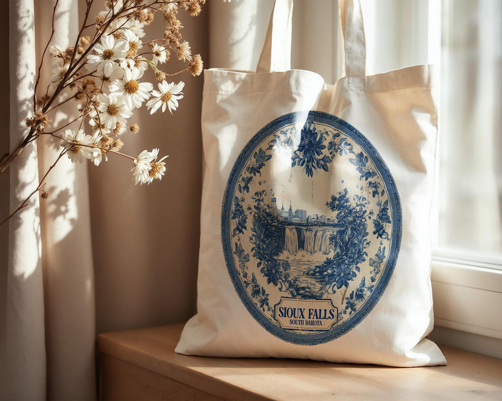 Sioux Falls South Dakota Tote Bag, Delft Style Personalized Destination, City Wedding Gift Souvenir Cotton