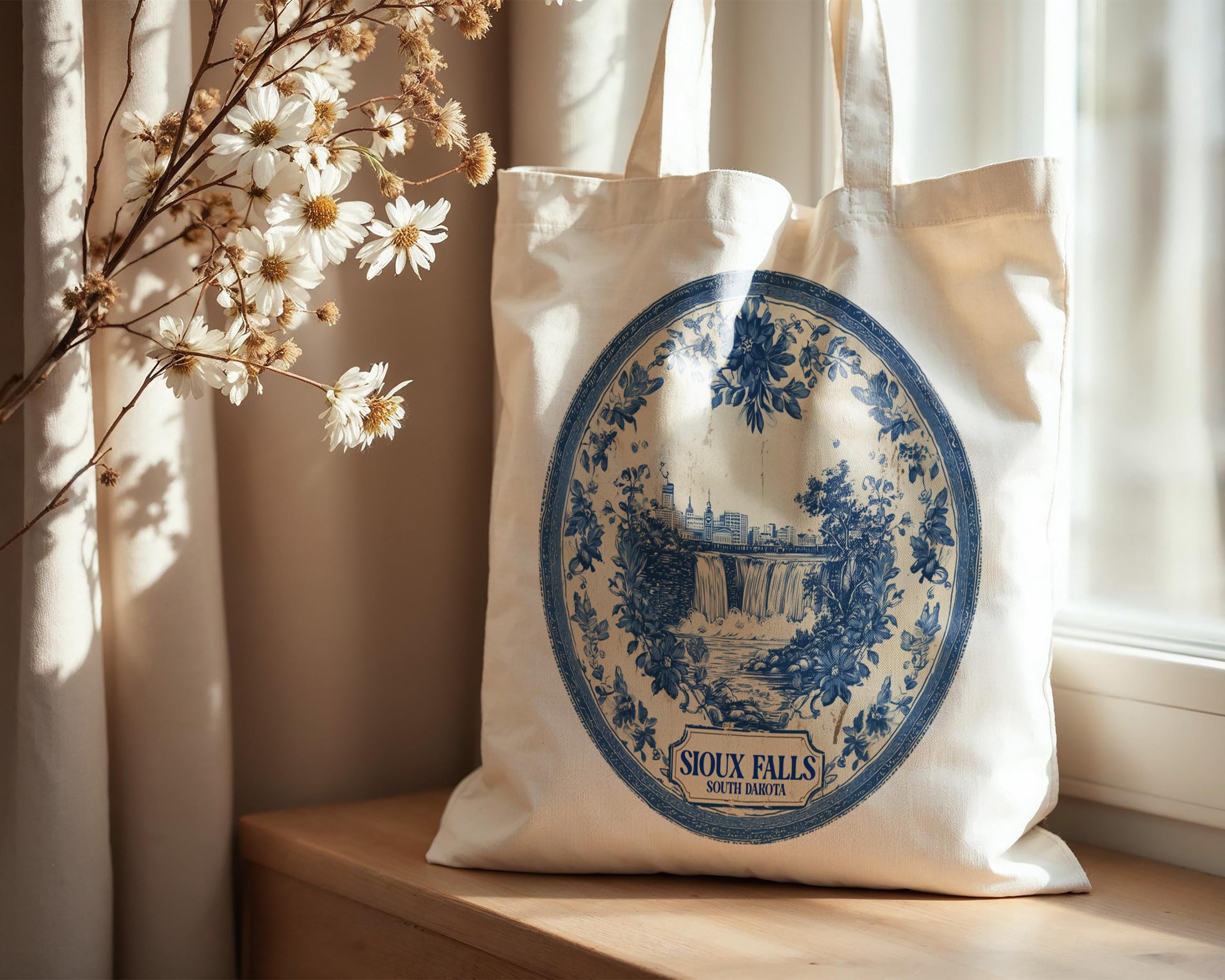 Sioux Falls South Dakota Tote Bag, Delft Style Personalized Destination, City Wedding Gift Souvenir Cotton