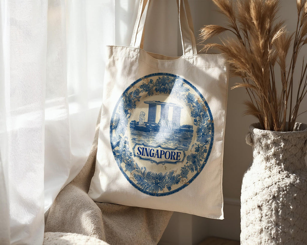 Singapore Tote Bag, Delft Style Personalized Destination, City Wedding Gift Souvenir Cotton