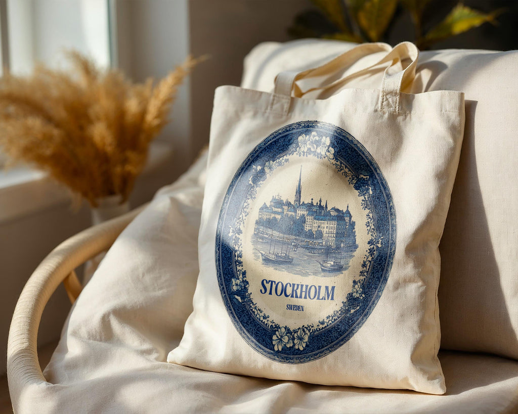Stockholm Sweden Tote Bag, Delft Style Personalized Destination, City Wedding Gift Souvenir Cotton