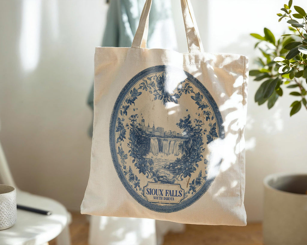 Sioux Falls South Dakota Tote Bag, Delft Style Personalized Destination, City Wedding Gift Souvenir Cotton
