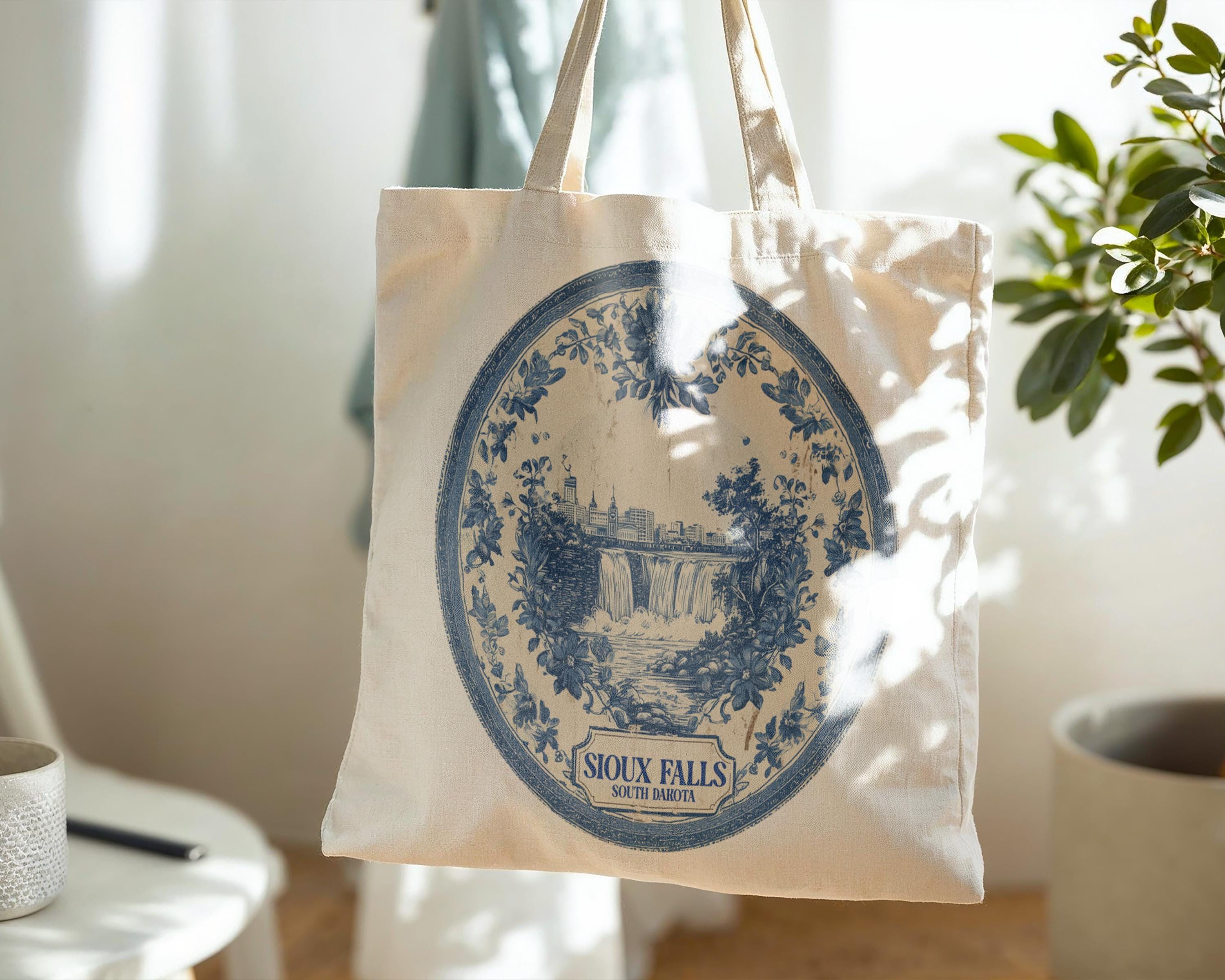 Sioux Falls South Dakota Tote Bag, Delft Style Personalized Destination, City Wedding Gift Souvenir Cotton