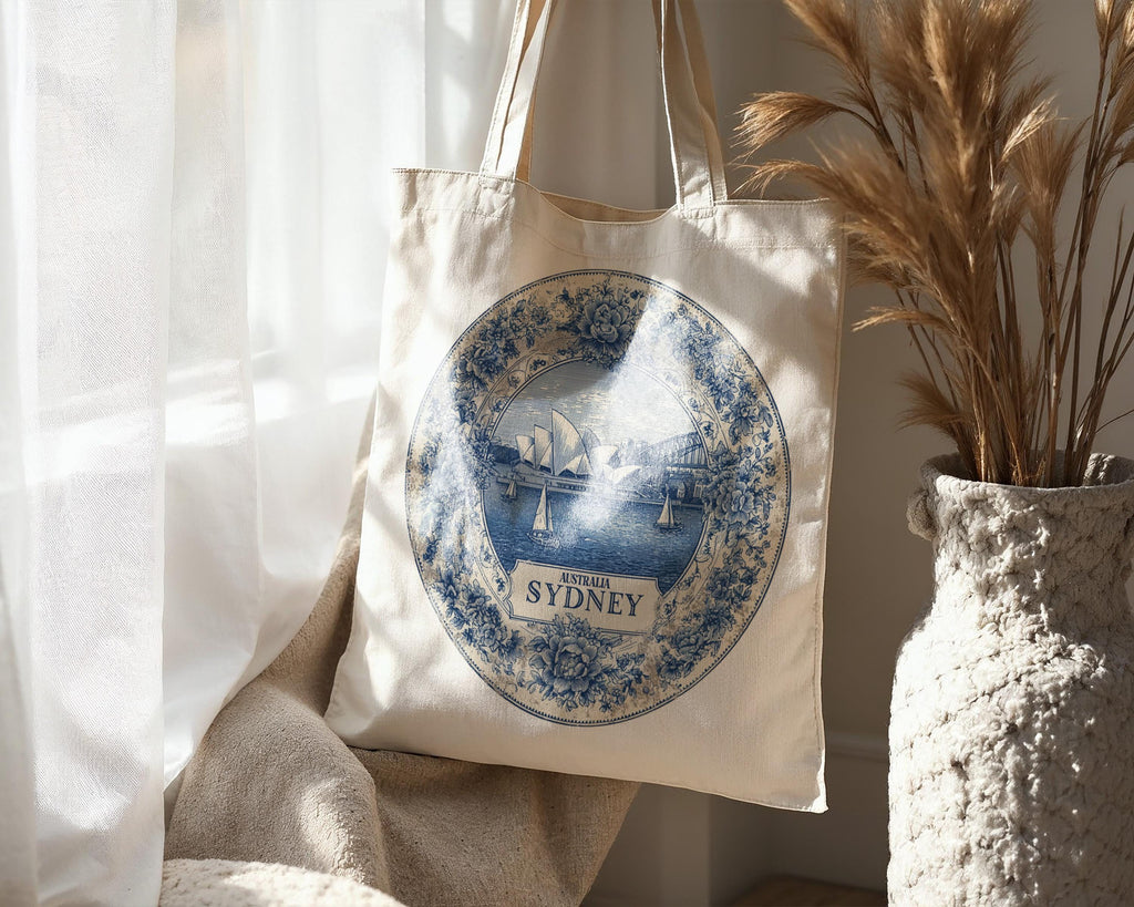 Sydney Australia Tote Bag, Delft Style Personalized Destination, City Wedding Gift Souvenir Cotton