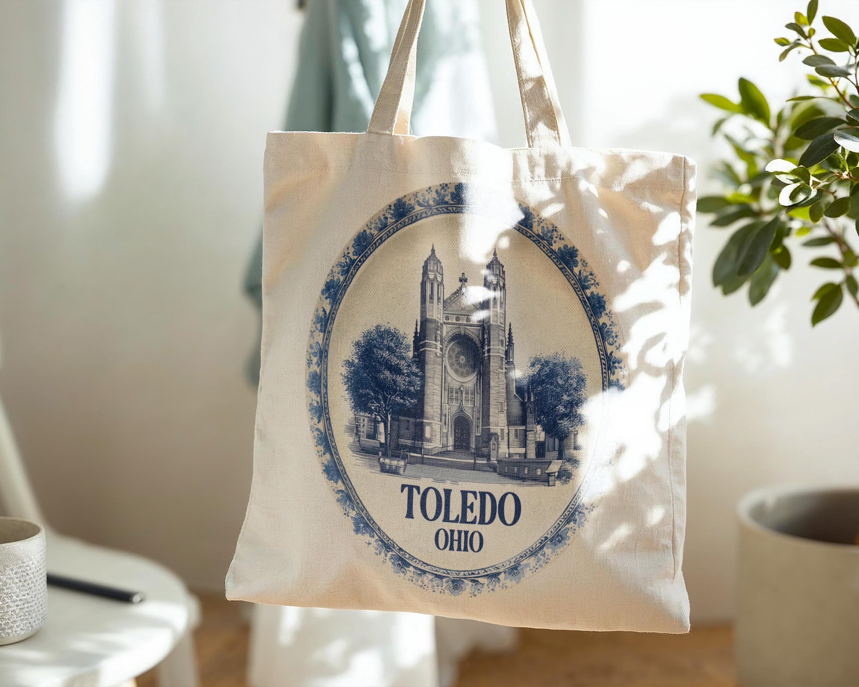 Toledo Ohio Tote Bag, Delft Style Personalized Destination, City Wedding Gift Souvenir Cotton