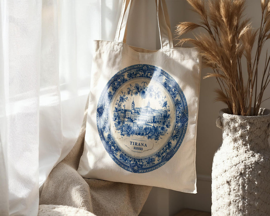 Tirana Albania Tote Bag, Delft Style Personalized Destination, City Wedding Gift Souvenir Cotton