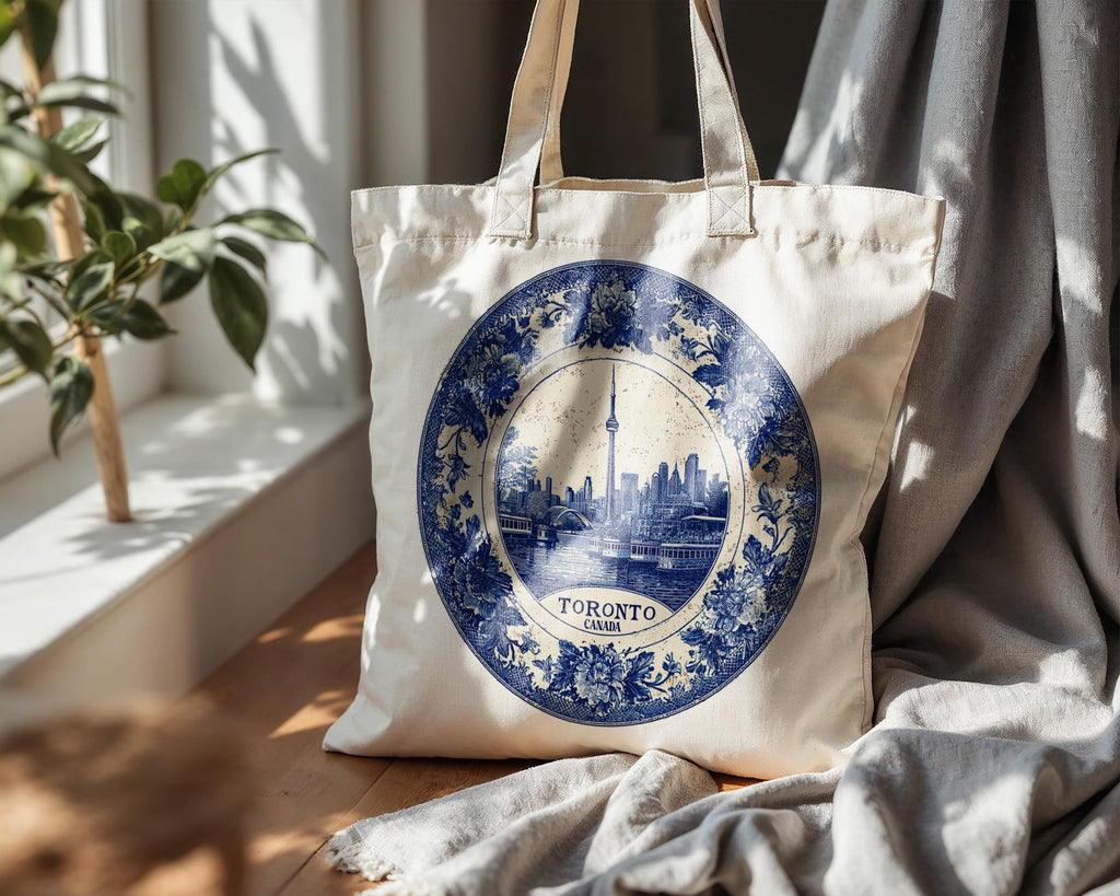 Toronto Canada Tote Bag, Delft Style Personalized Destination, City Wedding Gift Souvenir Cotton