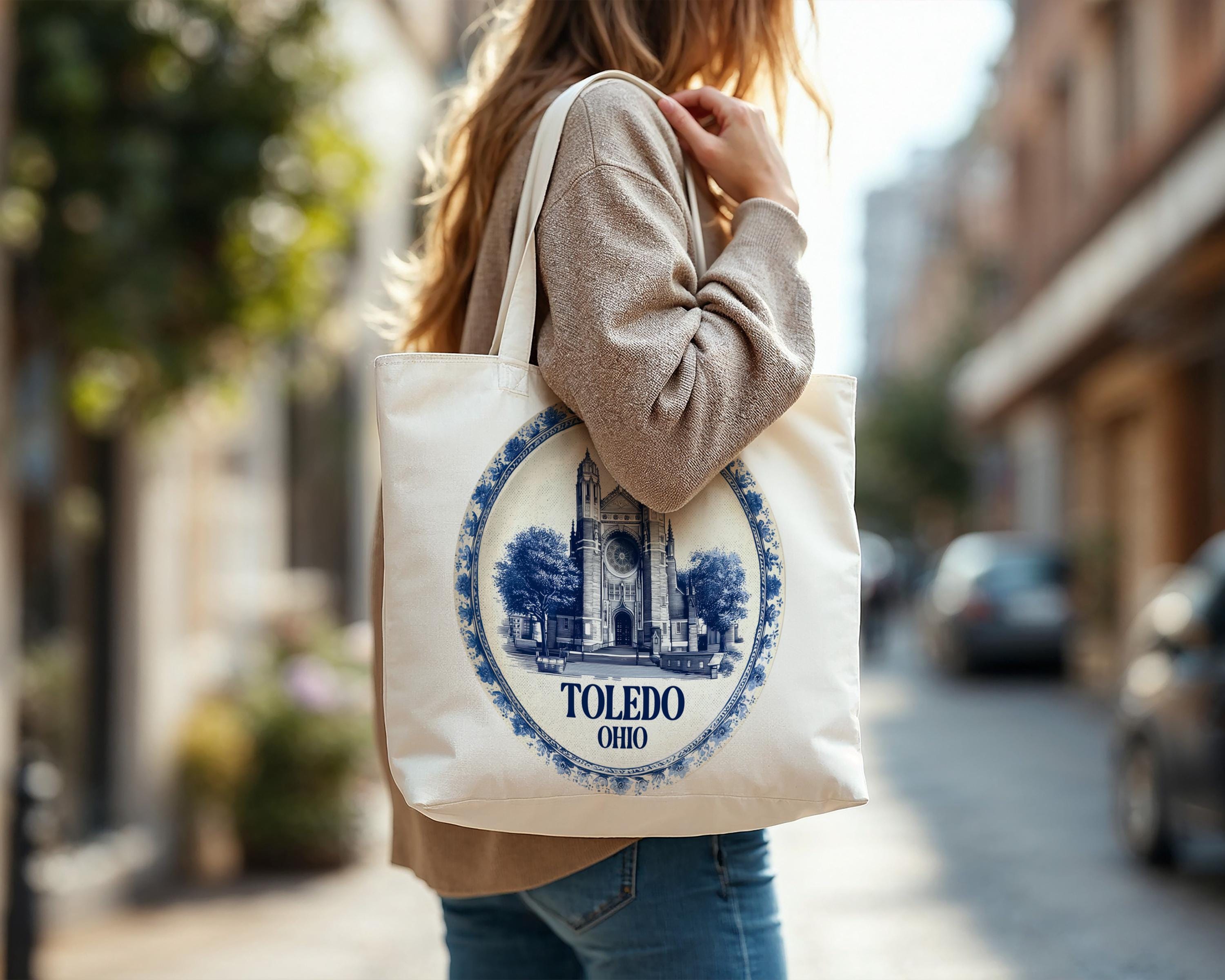 Toledo Ohio Tote Bag, Delft Style Personalized Destination, City Wedding Gift Souvenir Cotton