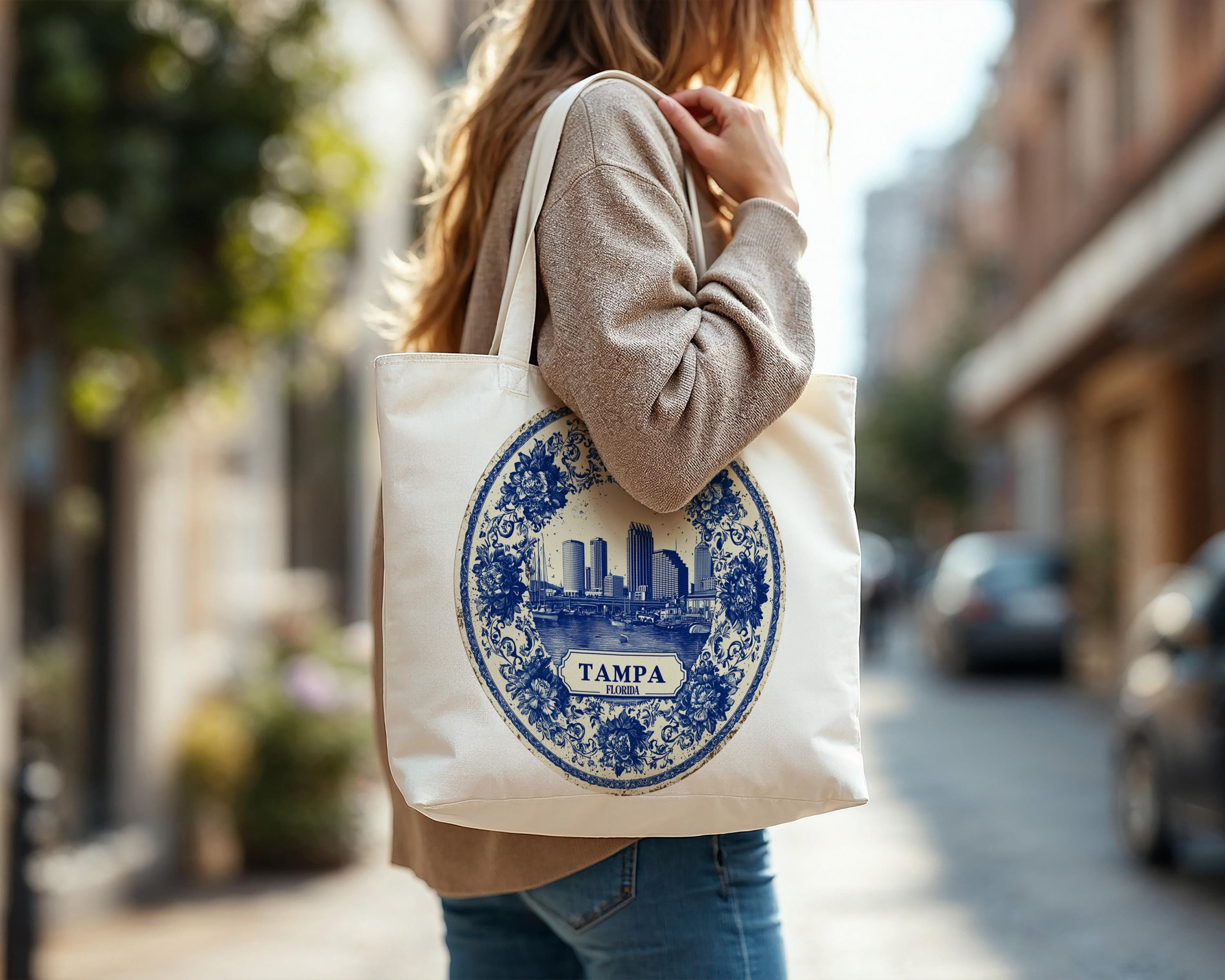 Tampa Florida Tote Bag, Delft Style Personalized Destination, City Wedding Gift Souvenir Cotton