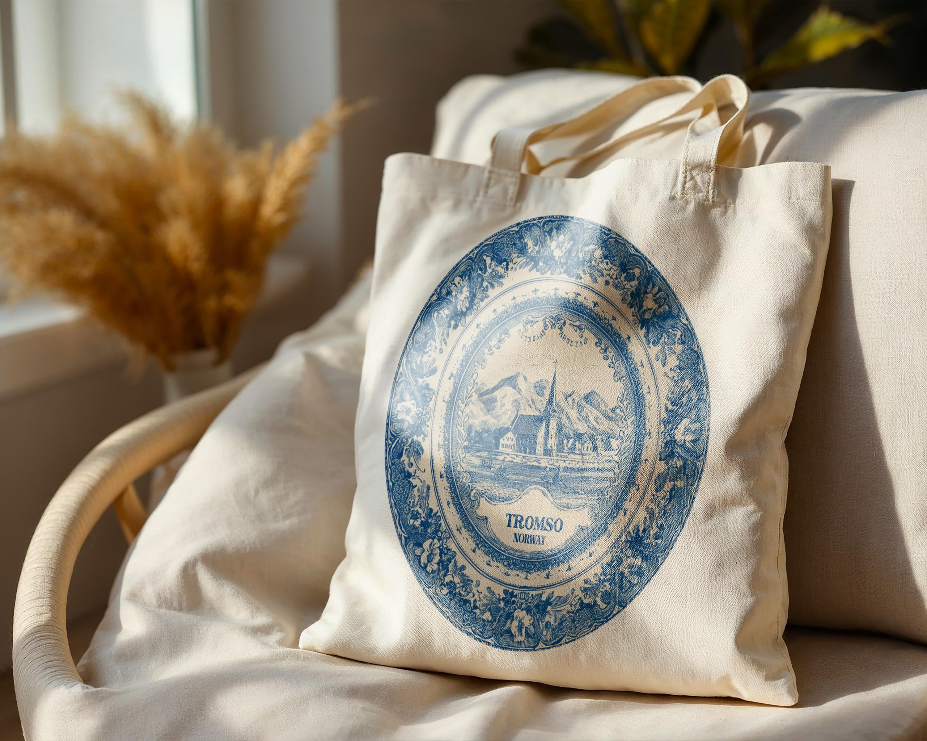 Tromso Norway Tote Bag, Delft Style Personalized Destination, City Wedding Gift Souvenir Cotton