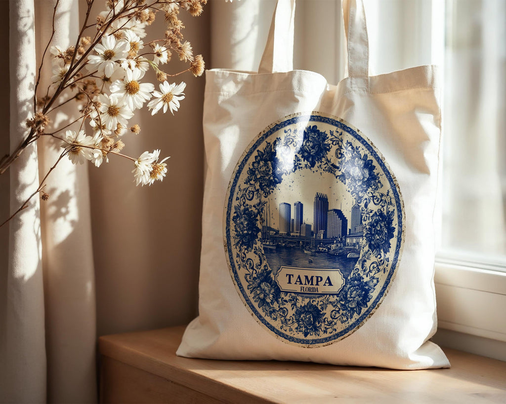 Tampa Florida Tote Bag, Delft Style Personalized Destination, City Wedding Gift Souvenir Cotton