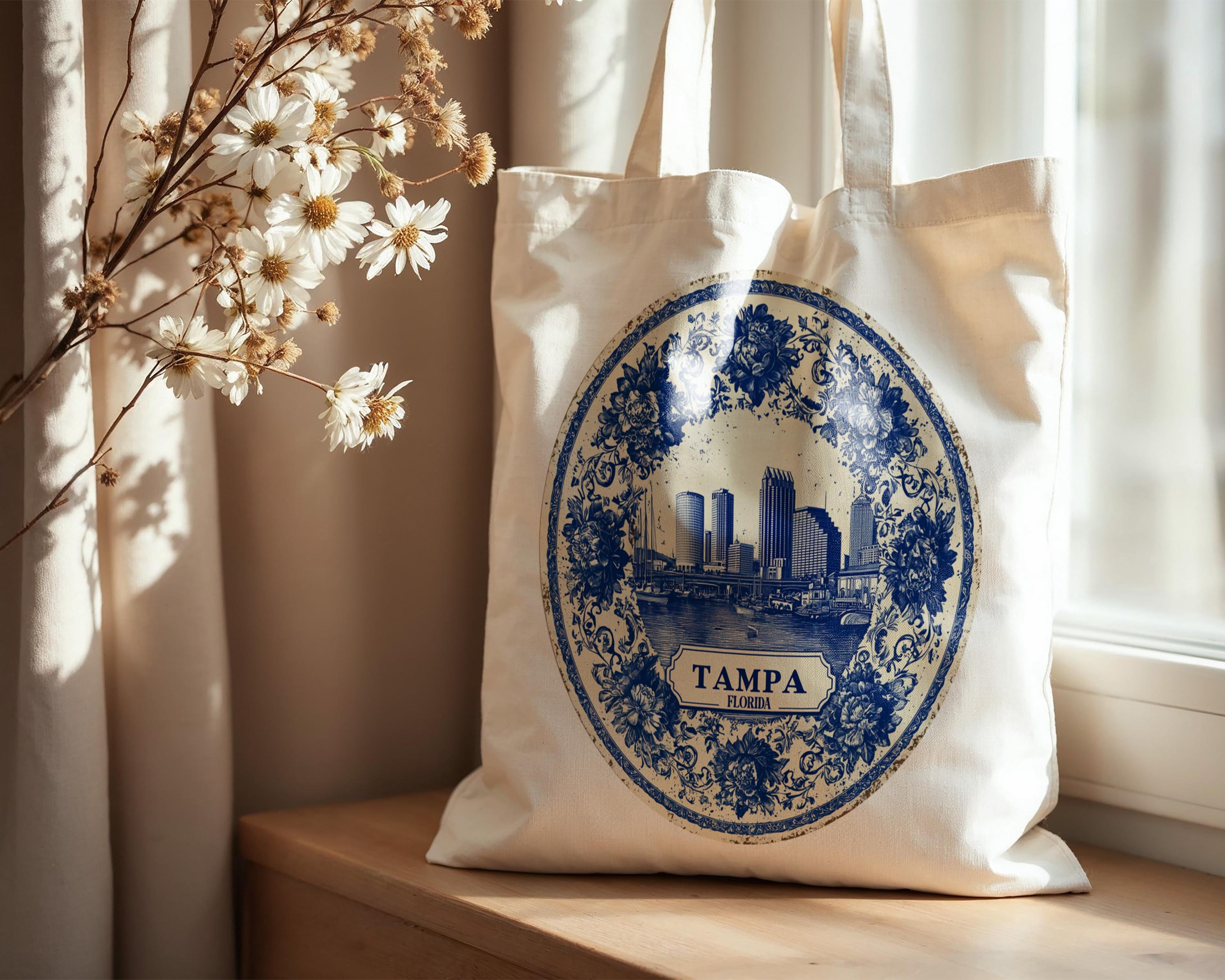 Tampa Florida Tote Bag, Delft Style Personalized Destination, City Wedding Gift Souvenir Cotton