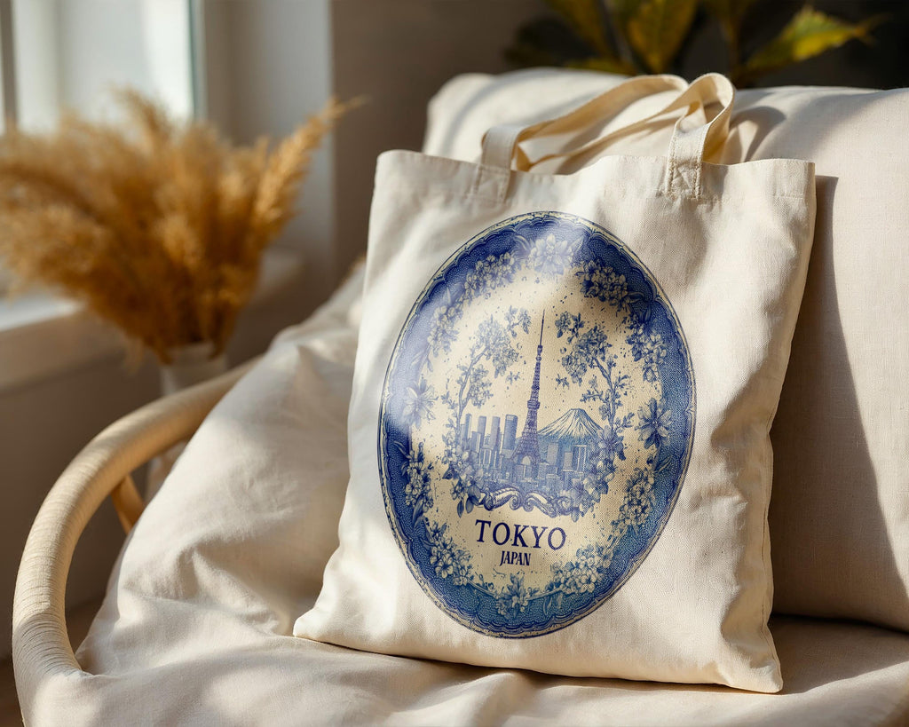 Tokyo Japan Tote Bag, Delft Style Personalized Destination, City Wedding Gift Souvenir Cotton