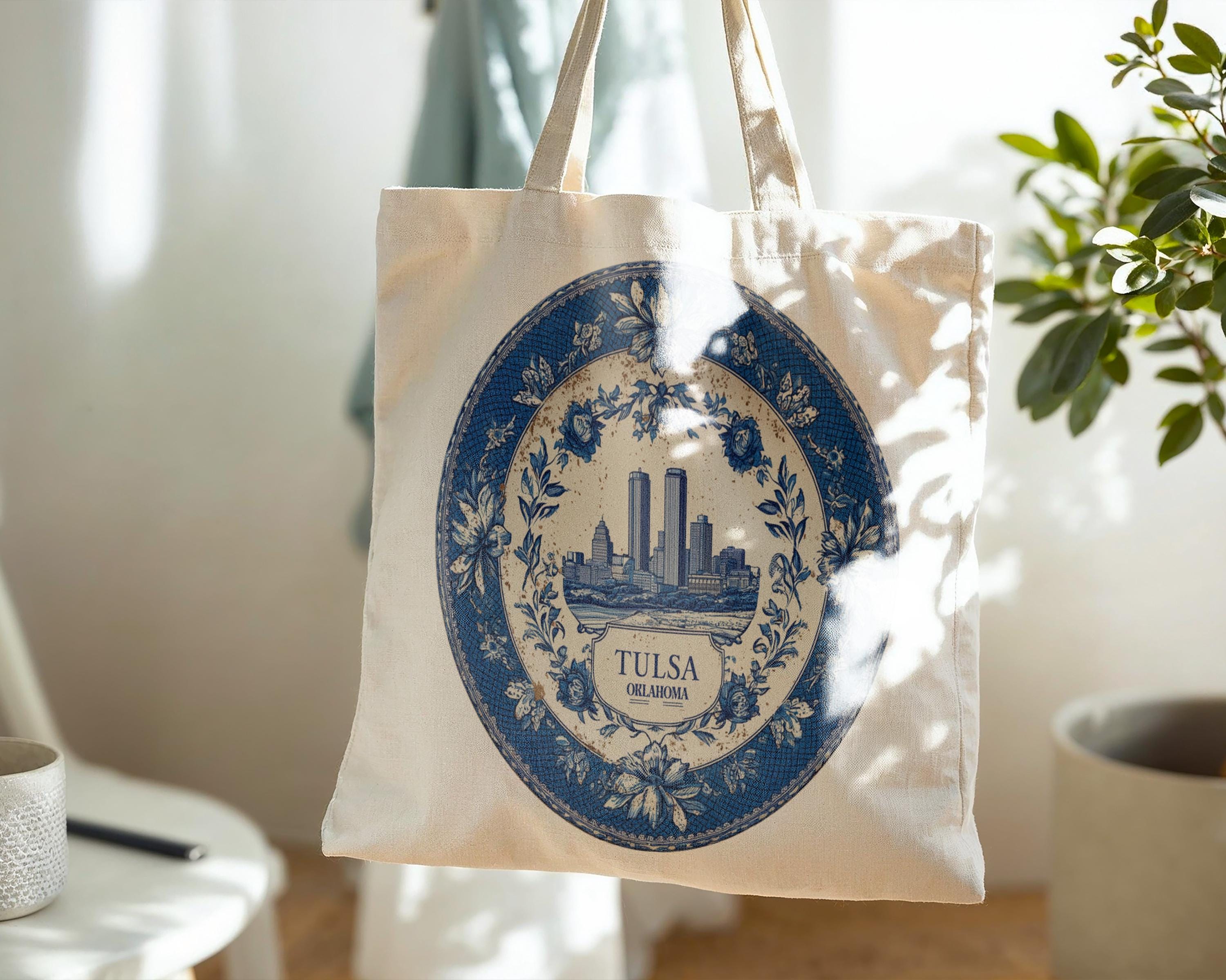 Tulsa Oklahoma Tote Bag, Delft Style Personalized Destination, City Wedding Gift Souvenir Cotton