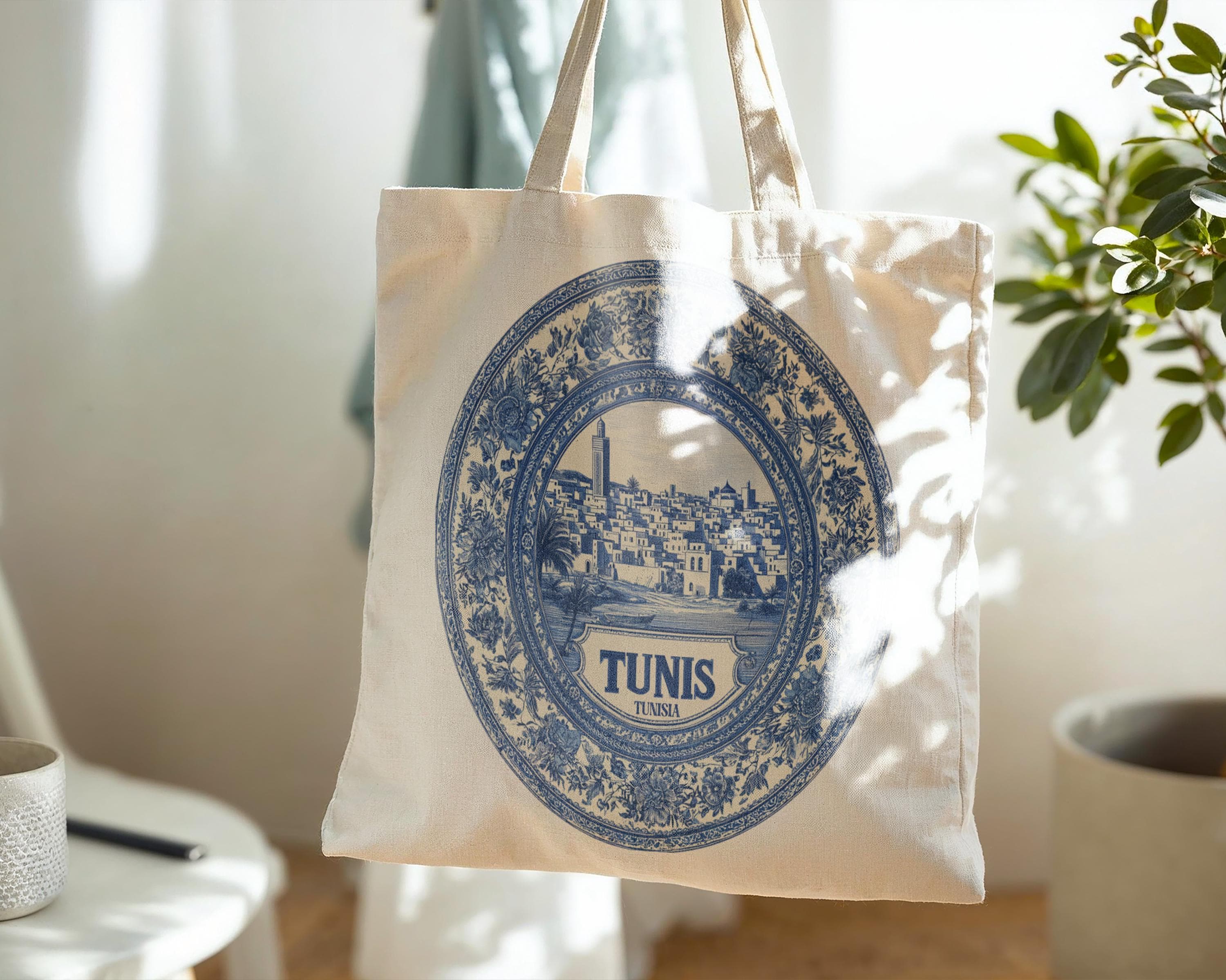 Tunis Tunisia Tote Bag, Delft Style Personalized Destination, City Wedding Gift Souvenir Cotton