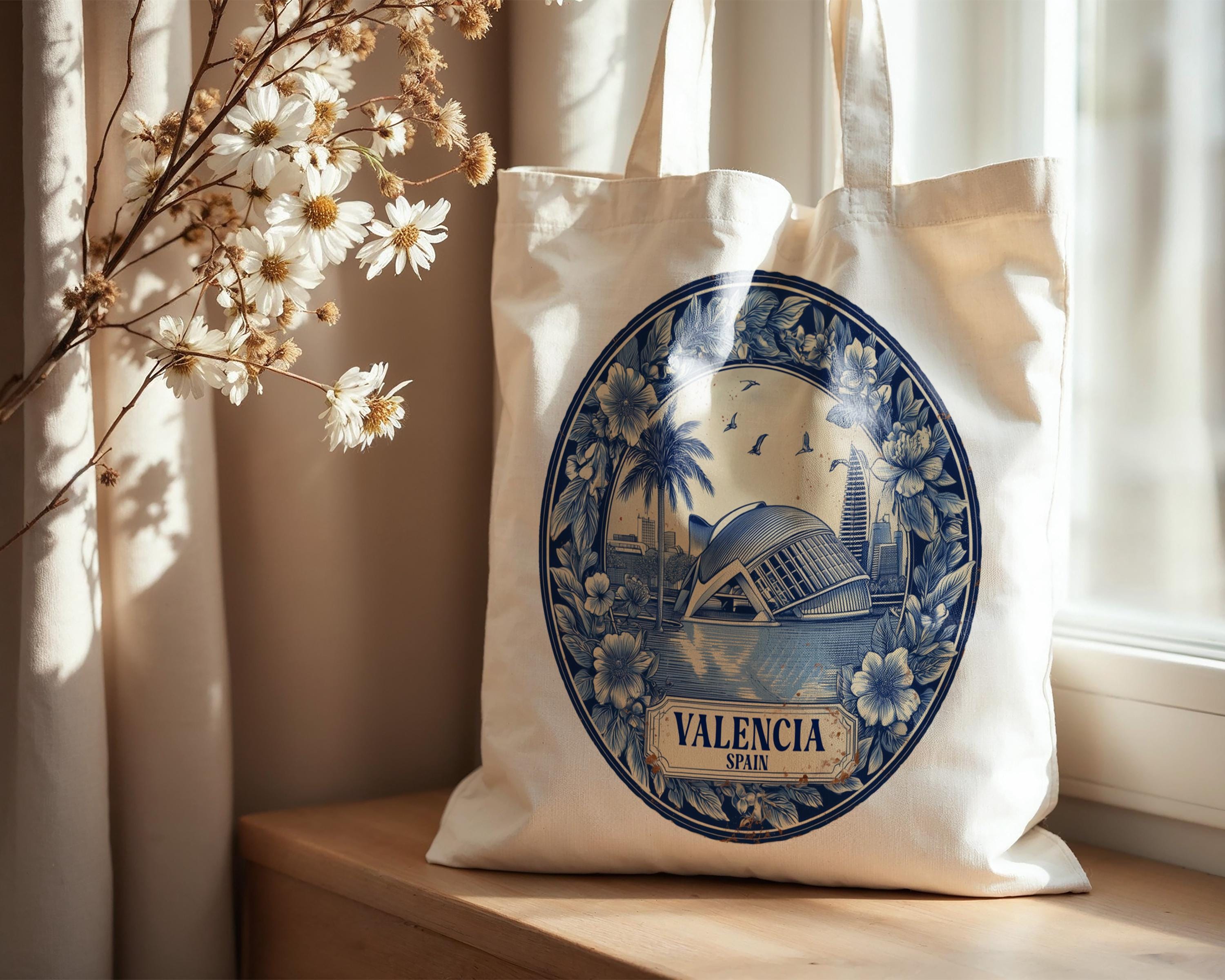 Valencia Spain Tote Bag, Delft Style Personalized Destination, City Wedding Gift Souvenir Cotton