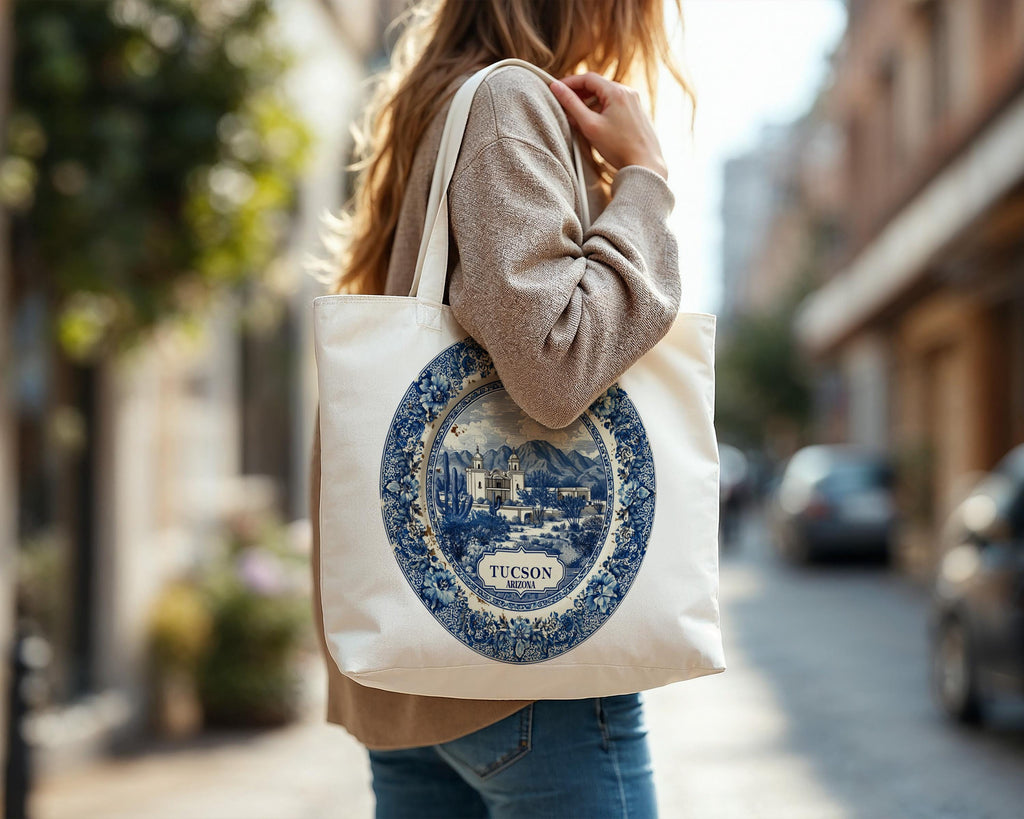 Tucson Arizona Tote Bag, Delft Style Personalized Destination, City Wedding Gift Souvenir Cotton