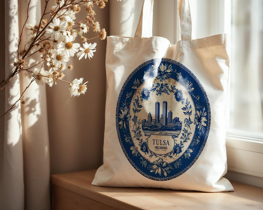 Tulsa Oklahoma Tote Bag, Delft Style Personalized Destination, City Wedding Gift Souvenir Cotton