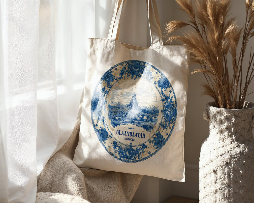 Ulaanbaatar Mongolia Tote Bag, Delft Style Personalized Destination, City Wedding Gift Souvenir Cotton