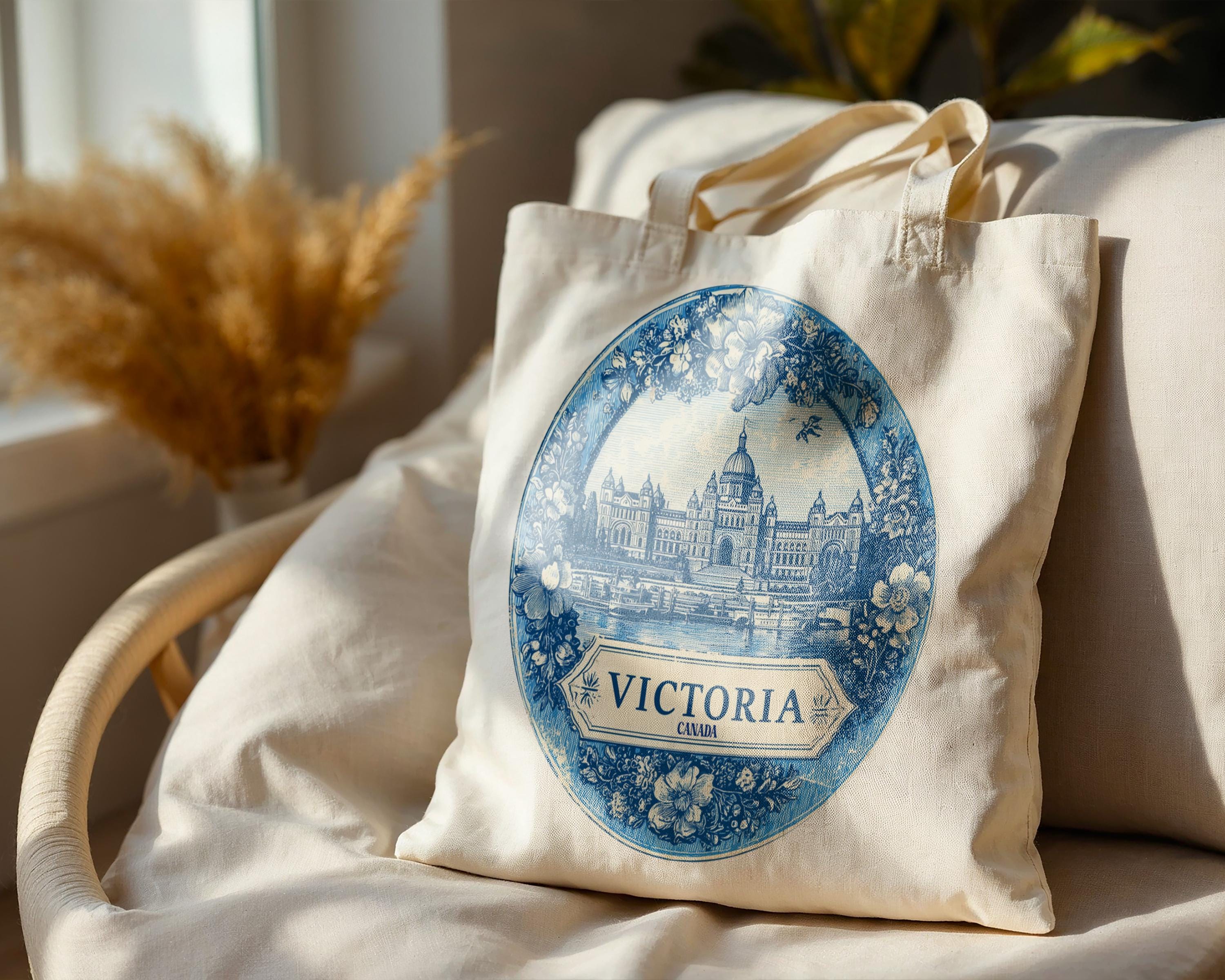 Victoria Canada Tote Bag, Delft Style Personalized Destination, City Wedding Gift Souvenir Cotton