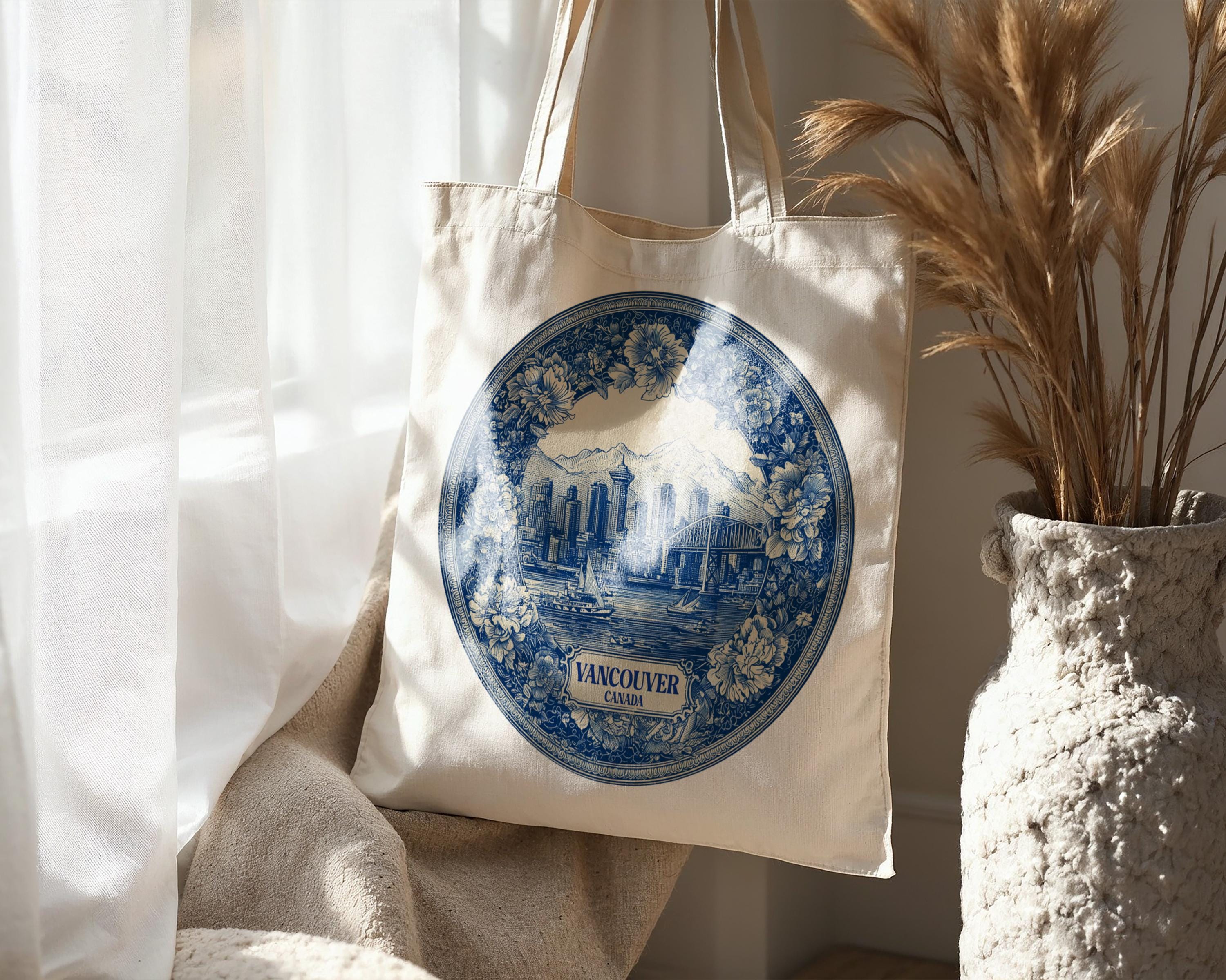 Vancouver Canada Tote Bag, Delft Style Personalized Destination, City Wedding Gift Souvenir Cotton