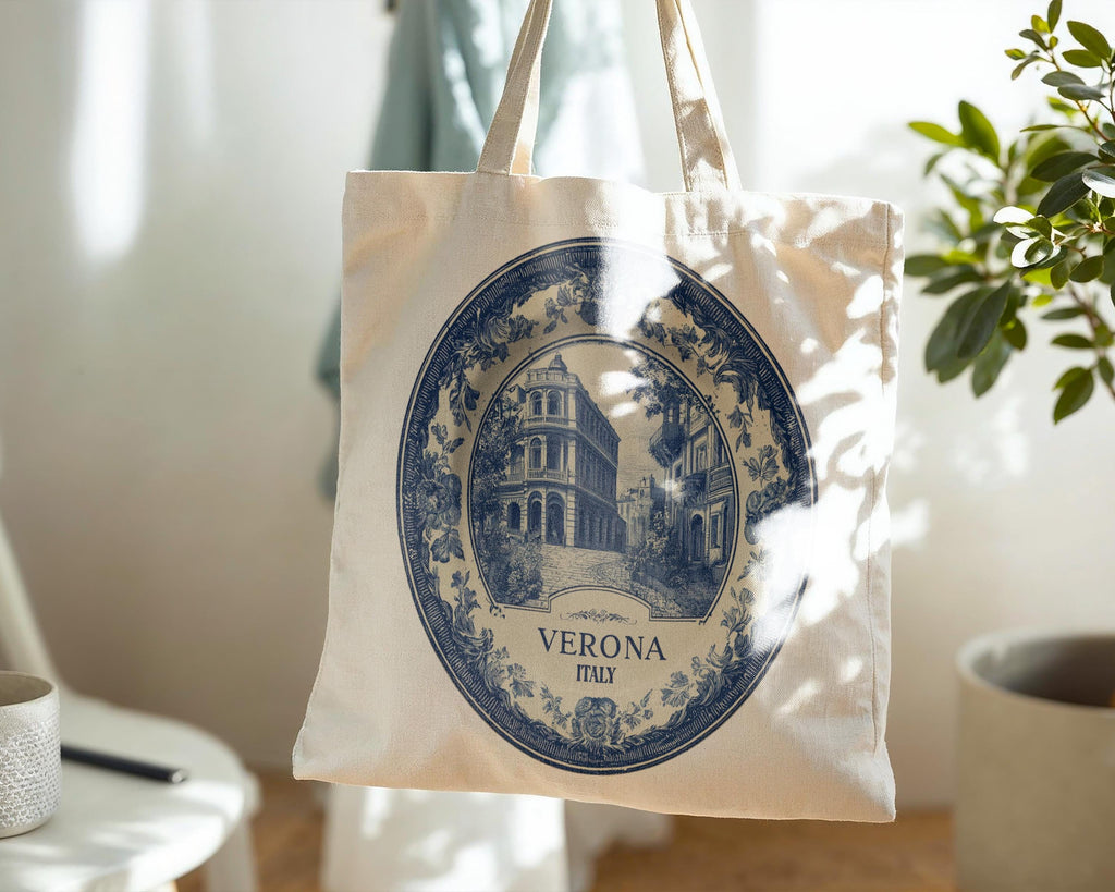 Verona Italy Tote Bag, Delft Style Personalized Destination, City Wedding Gift Souvenir Cotton