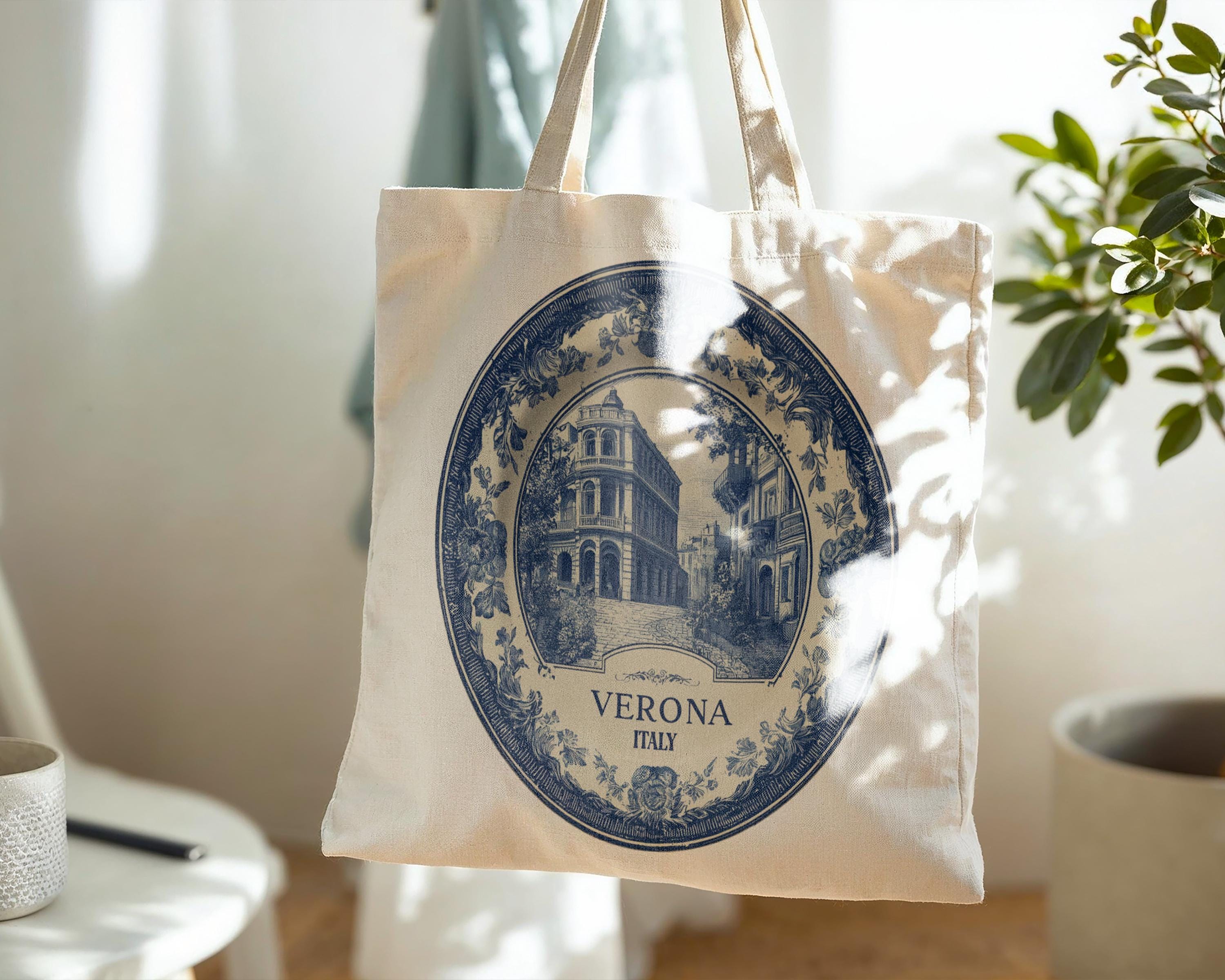 Verona Italy Tote Bag, Delft Style Personalized Destination, City Wedding Gift Souvenir Cotton