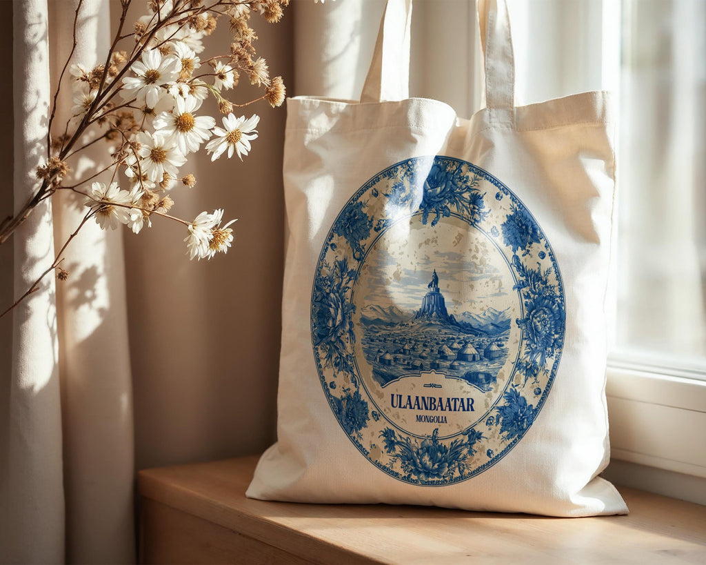 Ulaanbaatar Mongolia Tote Bag, Delft Style Personalized Destination, City Wedding Gift Souvenir Cotton