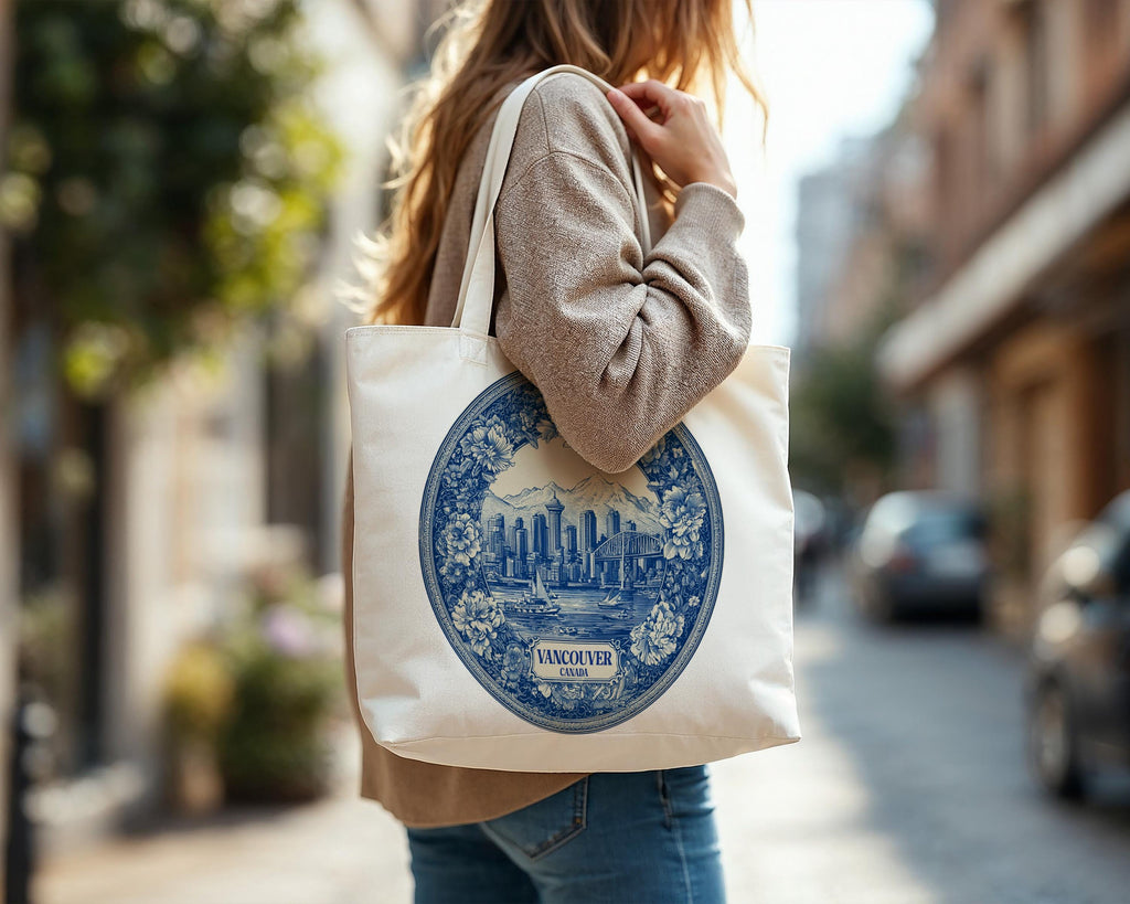 Vancouver Canada Tote Bag, Delft Style Personalized Destination, City Wedding Gift Souvenir Cotton