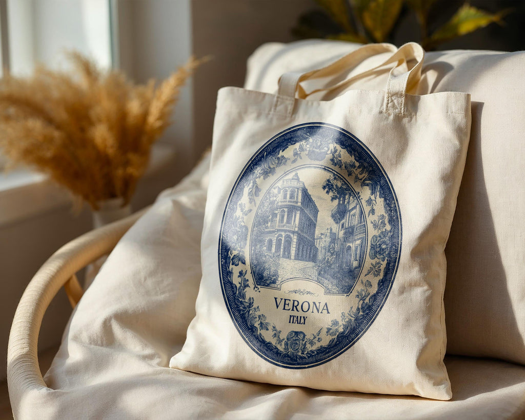 Verona Italy Tote Bag, Delft Style Personalized Destination, City Wedding Gift Souvenir Cotton